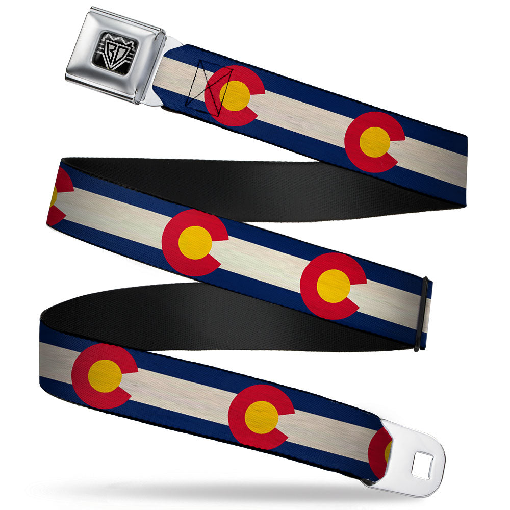 BD Wings Logo CLOSE-UP Full Color Black Silver Seatbelt Belt - Colorado Flags2 Repeat Vintage2 Webbing Seatbelt Belts Buckle-Down
