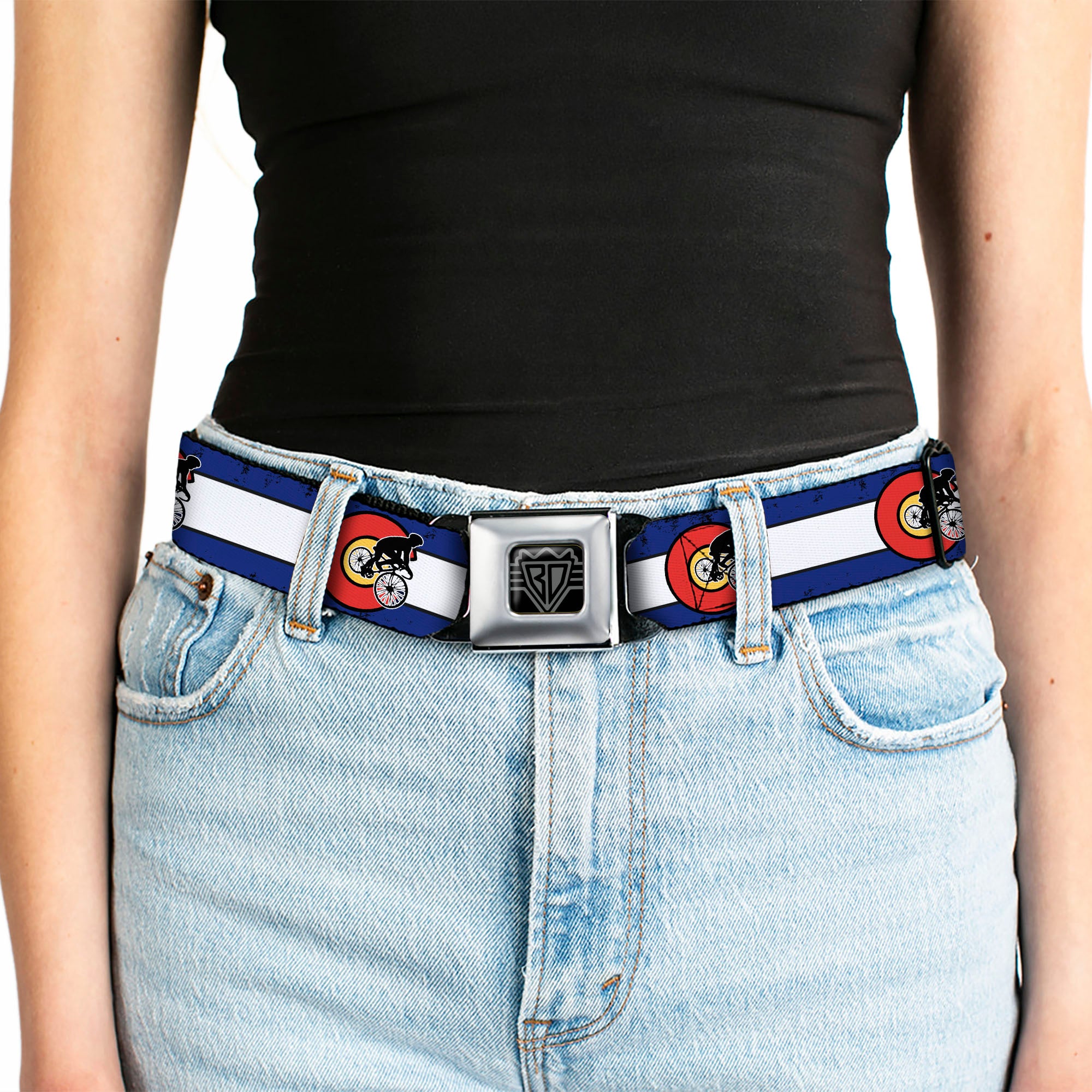 BD Wings Logo CLOSE-UP Full Color Black Silver Seatbelt Belt - Colorado Biker Distressed Webbing Seatbelt Belts Buckle-Down