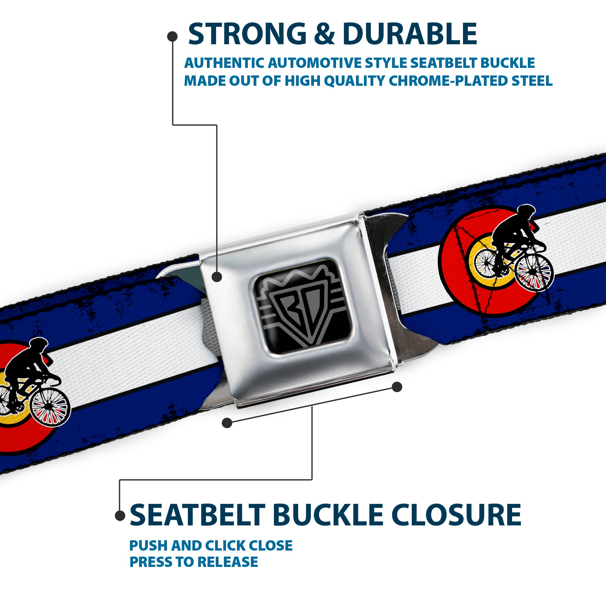 BD Wings Logo CLOSE-UP Full Color Black Silver Seatbelt Belt - Colorado Biker Distressed Webbing Seatbelt Belts Buckle-Down