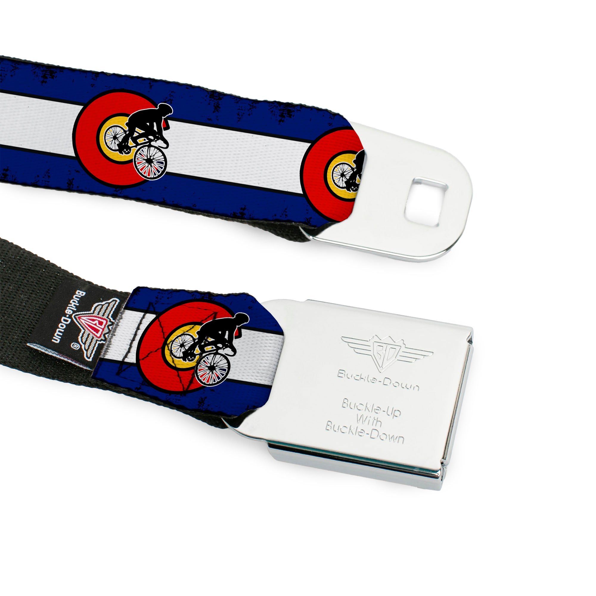 BD Wings Logo CLOSE-UP Full Color Black Silver Seatbelt Belt - Colorado Biker Distressed Webbing Seatbelt Belts Buckle-Down