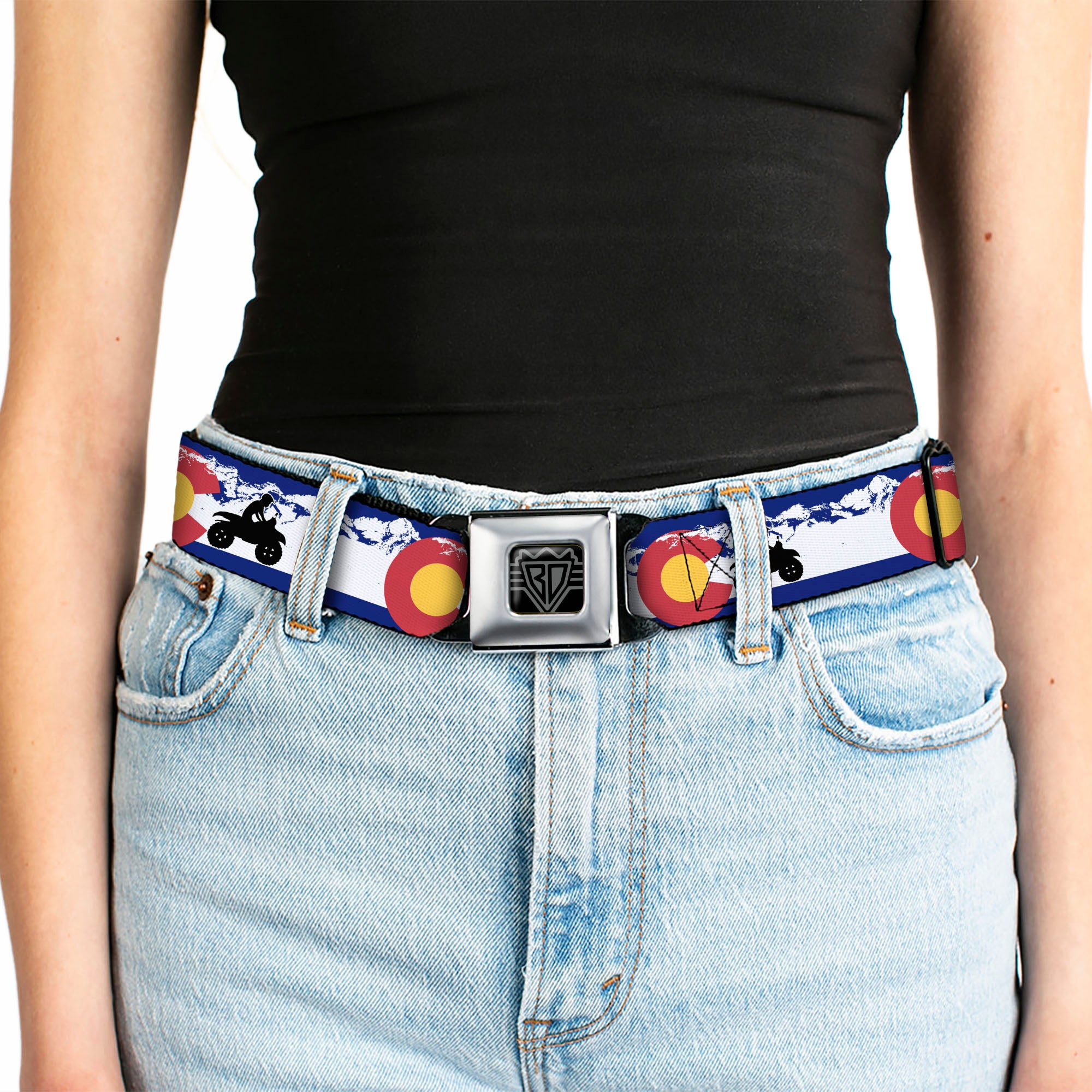 BD Wings Logo CLOSE-UP Full Color Black Silver Seatbelt Belt - Colorado/ATV Rider/Mountains Webbing Seatbelt Belts Buckle-Down