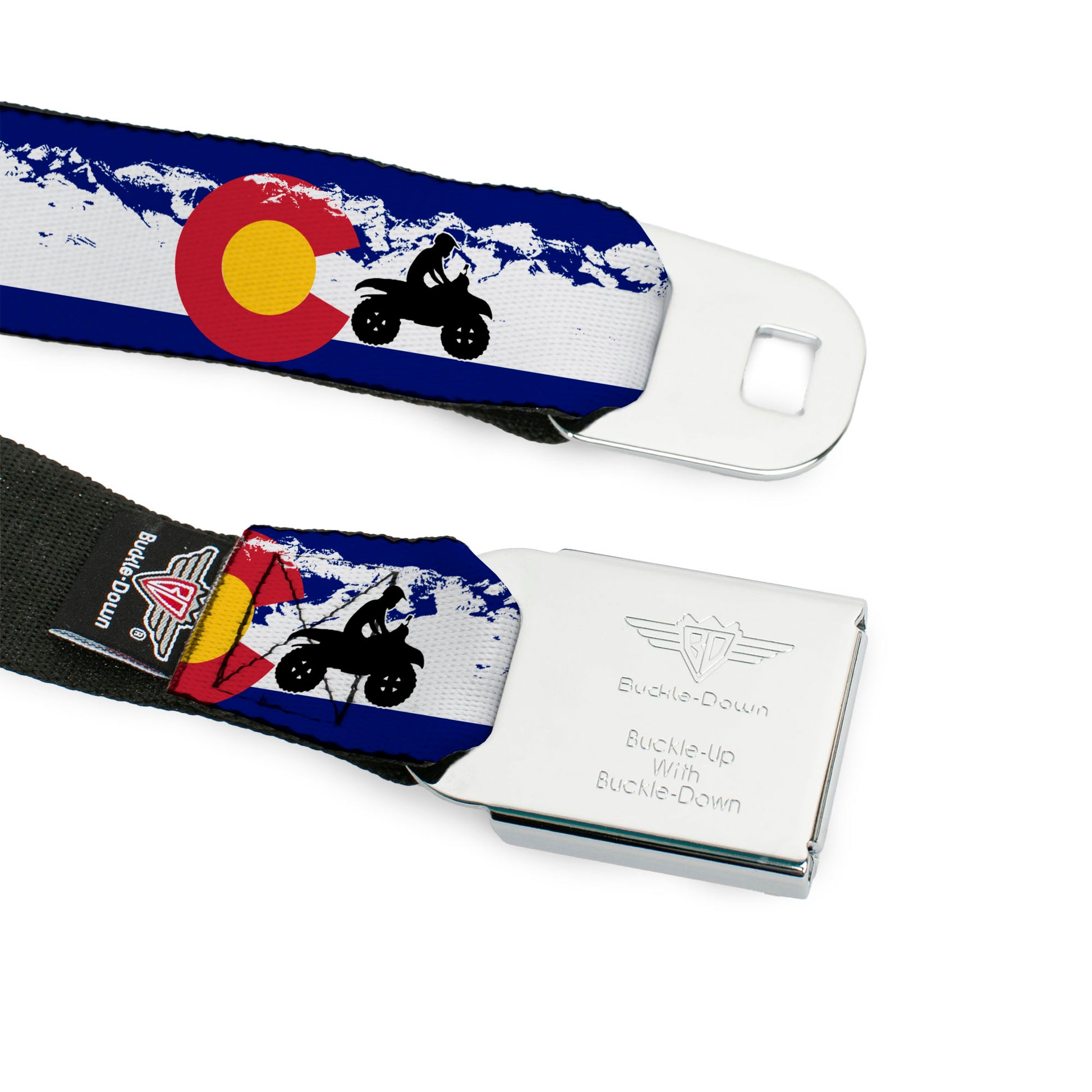 BD Wings Logo CLOSE-UP Full Color Black Silver Seatbelt Belt - Colorado/ATV Rider/Mountains Webbing Seatbelt Belts Buckle-Down