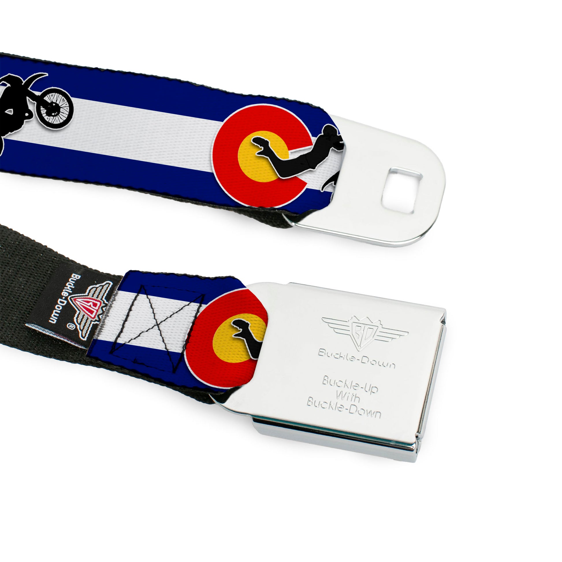 BD Wings Logo CLOSE-UP Full Color Black Silver Seatbelt Belt - Colorado/Freestyle Motocross Superman Webbing Seatbelt Belts Buckle-Down