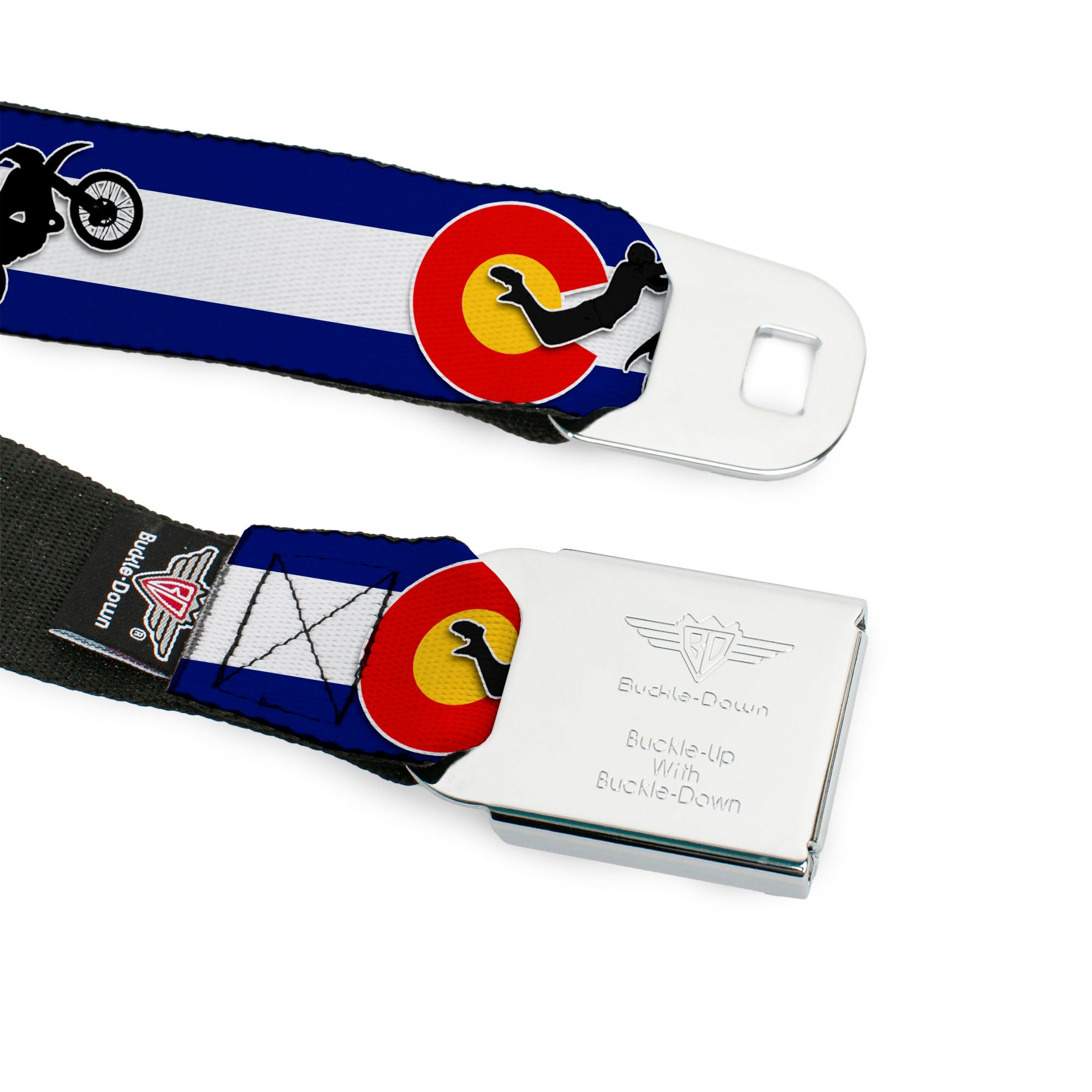 BD Wings Logo CLOSE-UP Full Color Black Silver Seatbelt Belt - Colorado/Freestyle Motocross Superman Webbing Seatbelt Belts Buckle-Down