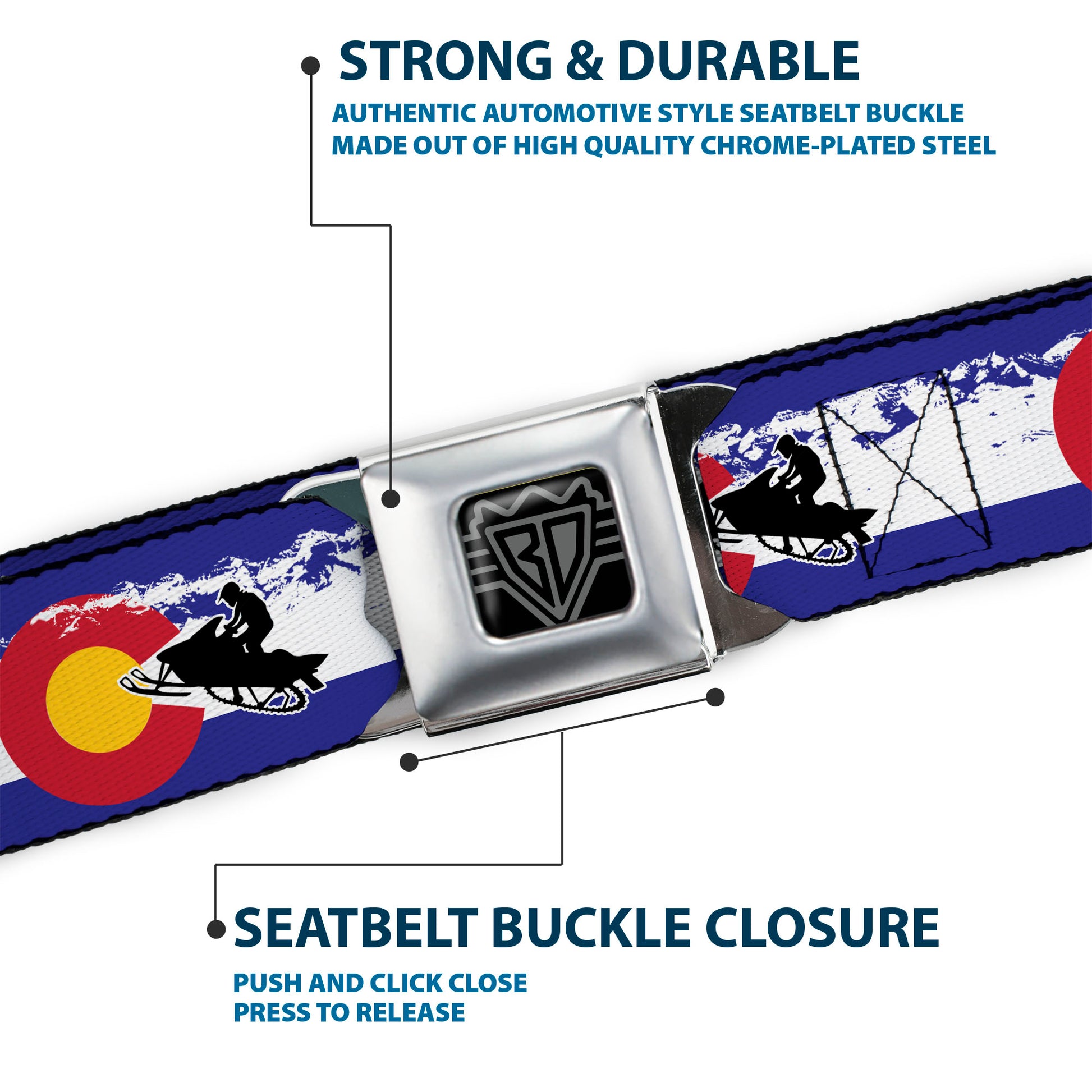 BD Wings Logo CLOSE-UP Full Color Black Silver Seatbelt Belt - Colorado/Snowmobiler/Mountains Webbing Seatbelt Belts Buckle-Down