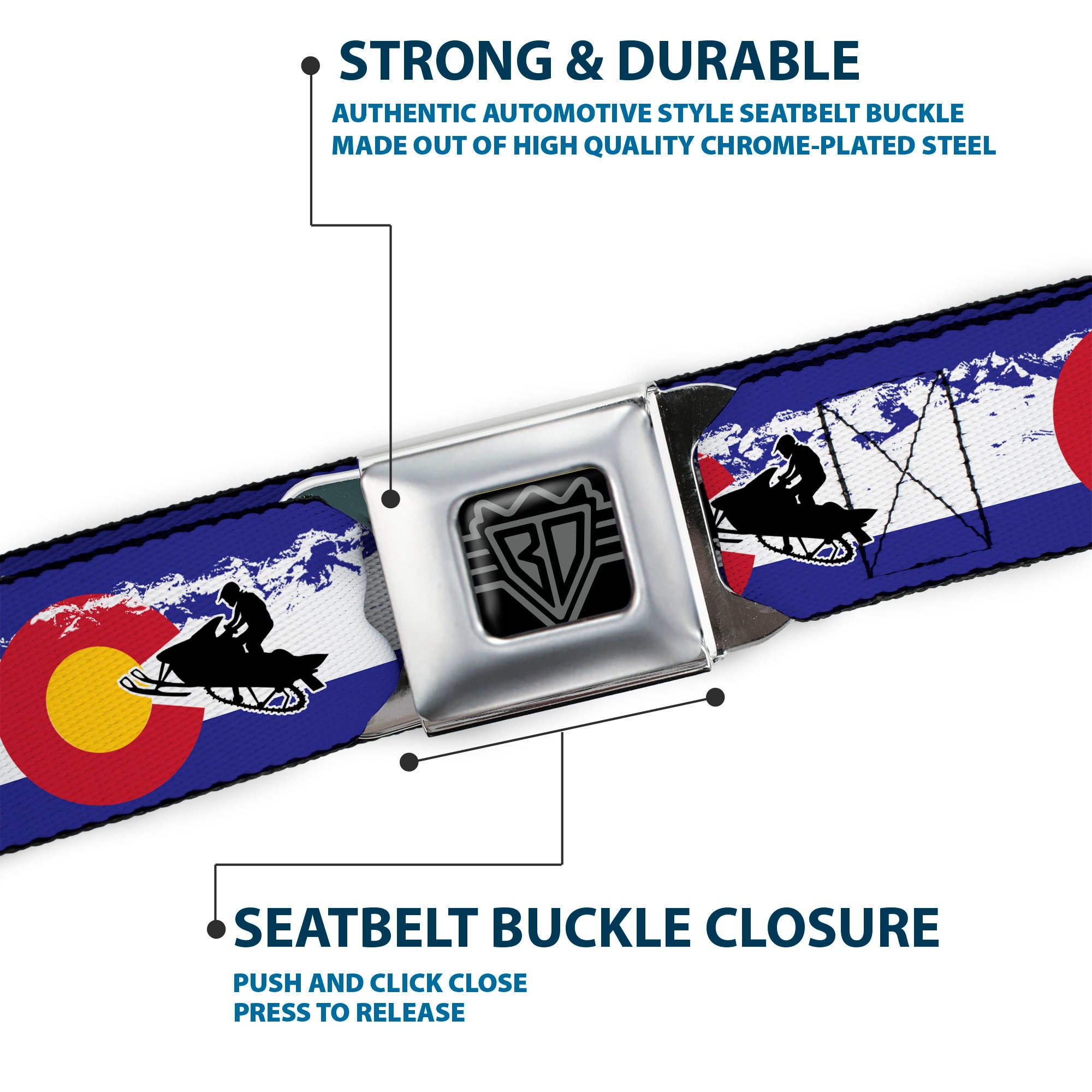 BD Wings Logo CLOSE-UP Full Color Black Silver Seatbelt Belt - Colorado/Snowmobiler/Mountains Webbing Seatbelt Belts Buckle-Down
