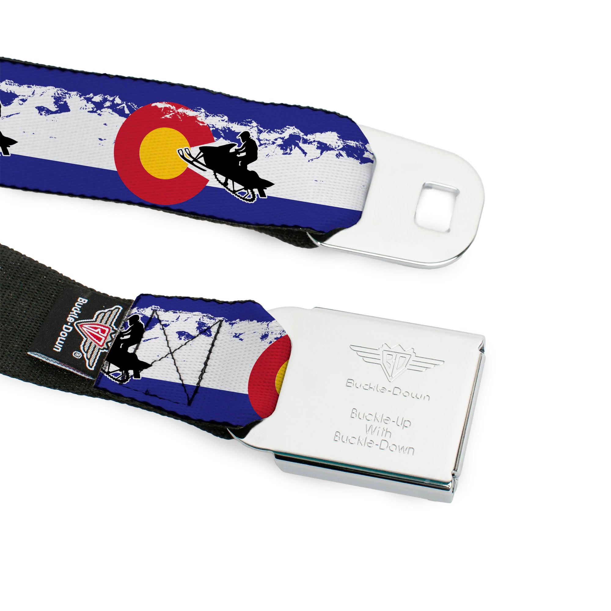 BD Wings Logo CLOSE-UP Full Color Black Silver Seatbelt Belt - Colorado/Snowmobiler/Mountains Webbing Seatbelt Belts Buckle-Down