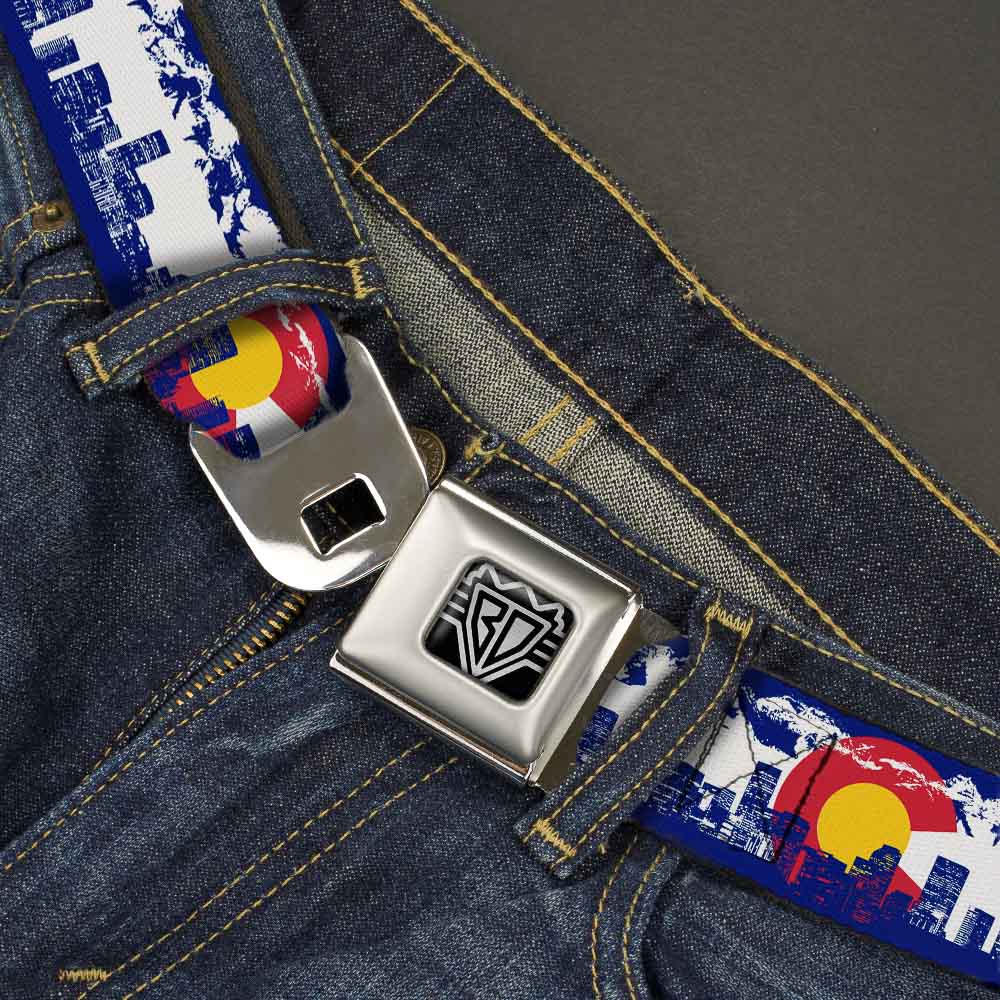 BD Wings Logo CLOSE-UP Full Color Black Silver Seatbelt Belt - Colorado Skyline/Mountains Webbing Seatbelt Belts Buckle-Down