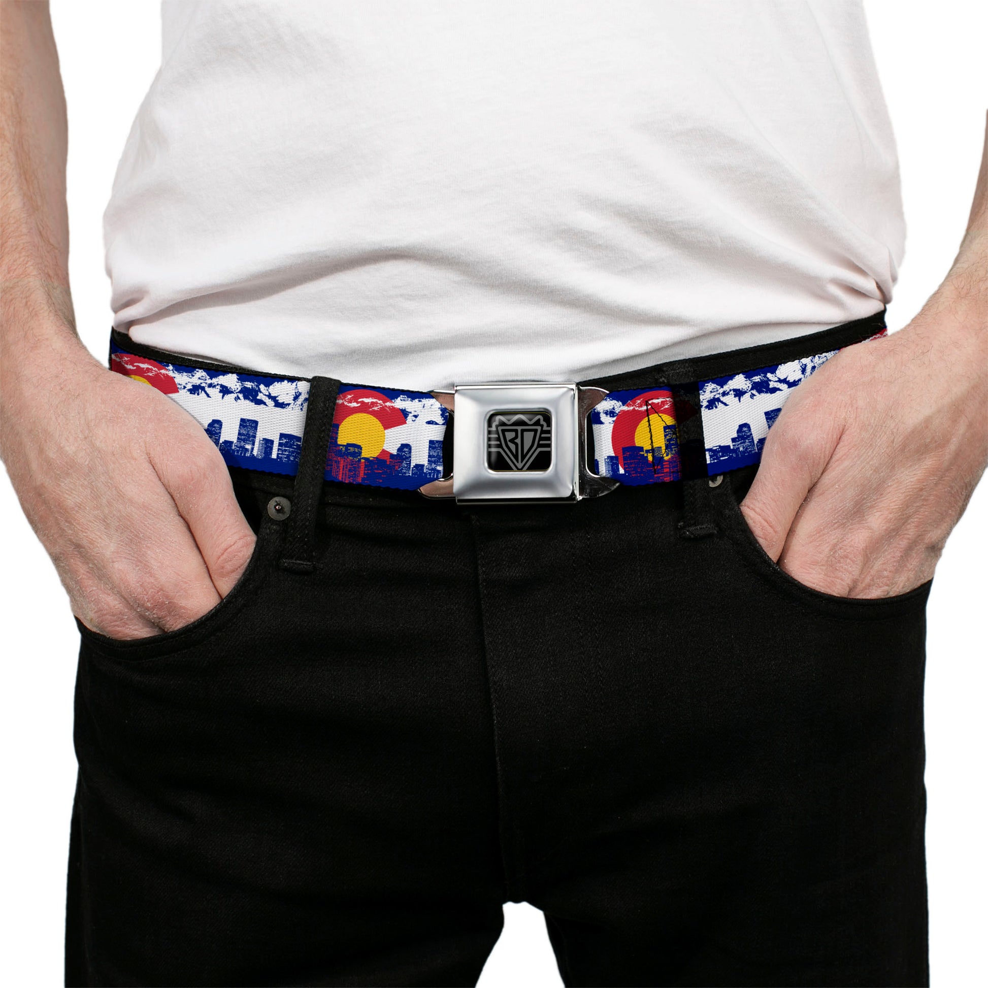 BD Wings Logo CLOSE-UP Full Color Black Silver Seatbelt Belt - Colorado Skyline/Mountains Webbing Seatbelt Belts Buckle-Down
