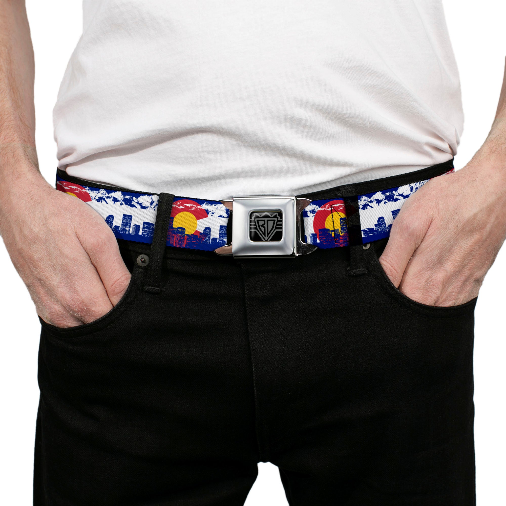 BD Wings Logo CLOSE-UP Full Color Black Silver Seatbelt Belt - Colorado Skyline/Mountains Webbing Seatbelt Belts Buckle-Down