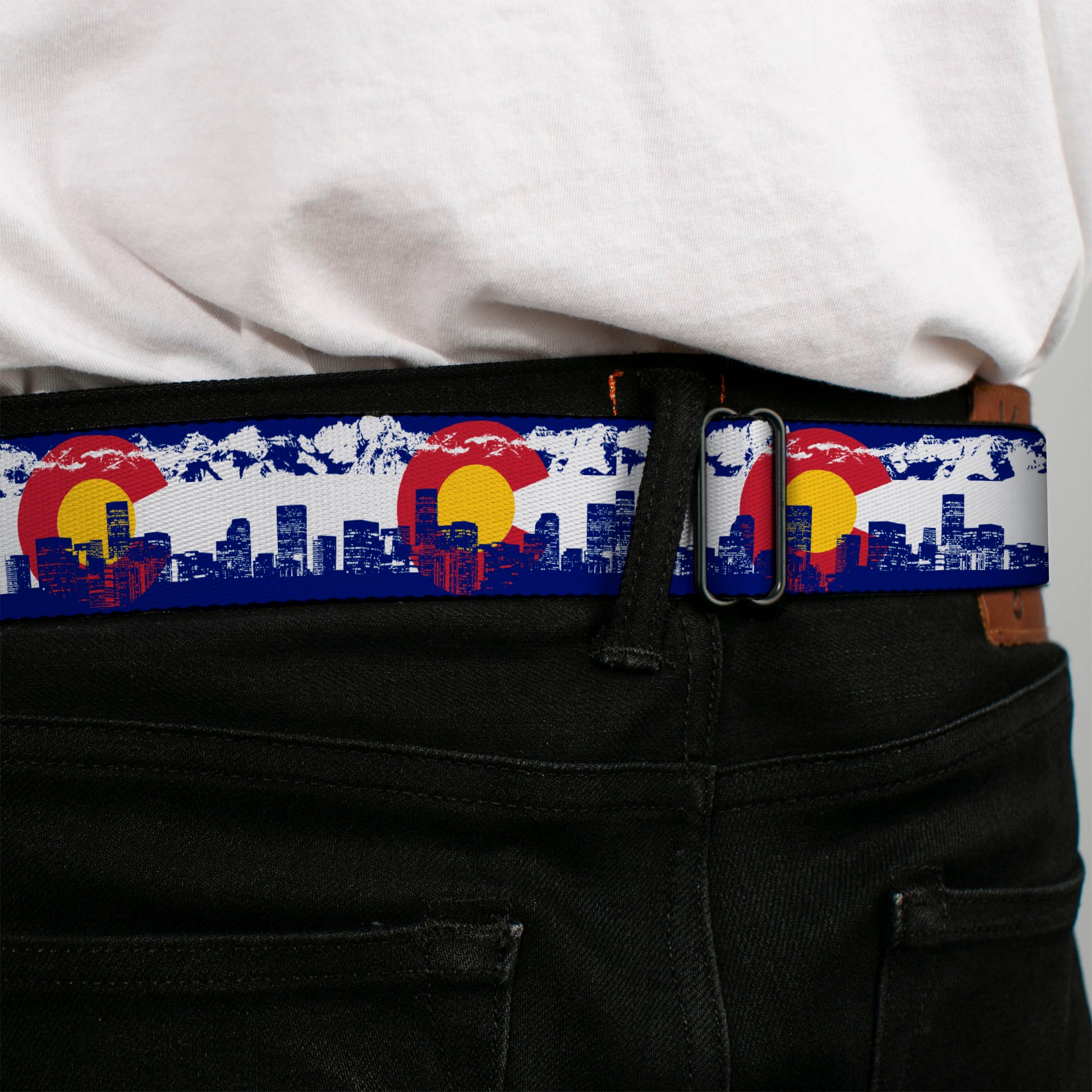 BD Wings Logo CLOSE-UP Full Color Black Silver Seatbelt Belt - Colorado Skyline/Mountains Webbing Seatbelt Belts Buckle-Down