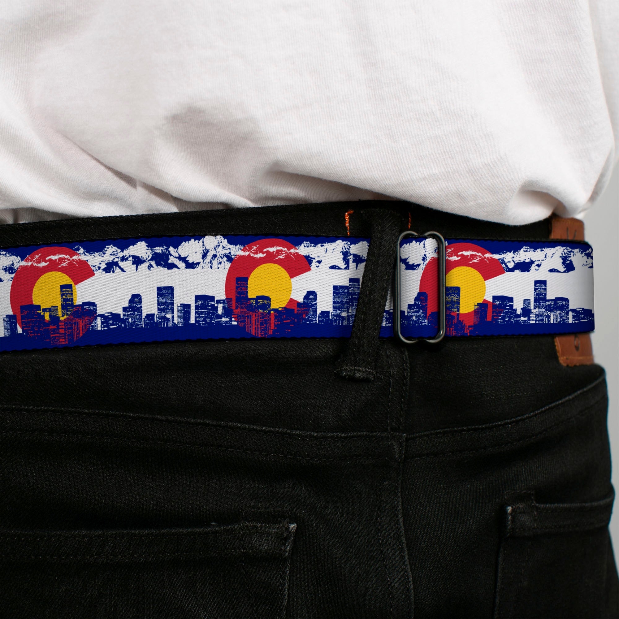 BD Wings Logo CLOSE-UP Full Color Black Silver Seatbelt Belt - Colorado Skyline/Mountains Webbing Seatbelt Belts Buckle-Down