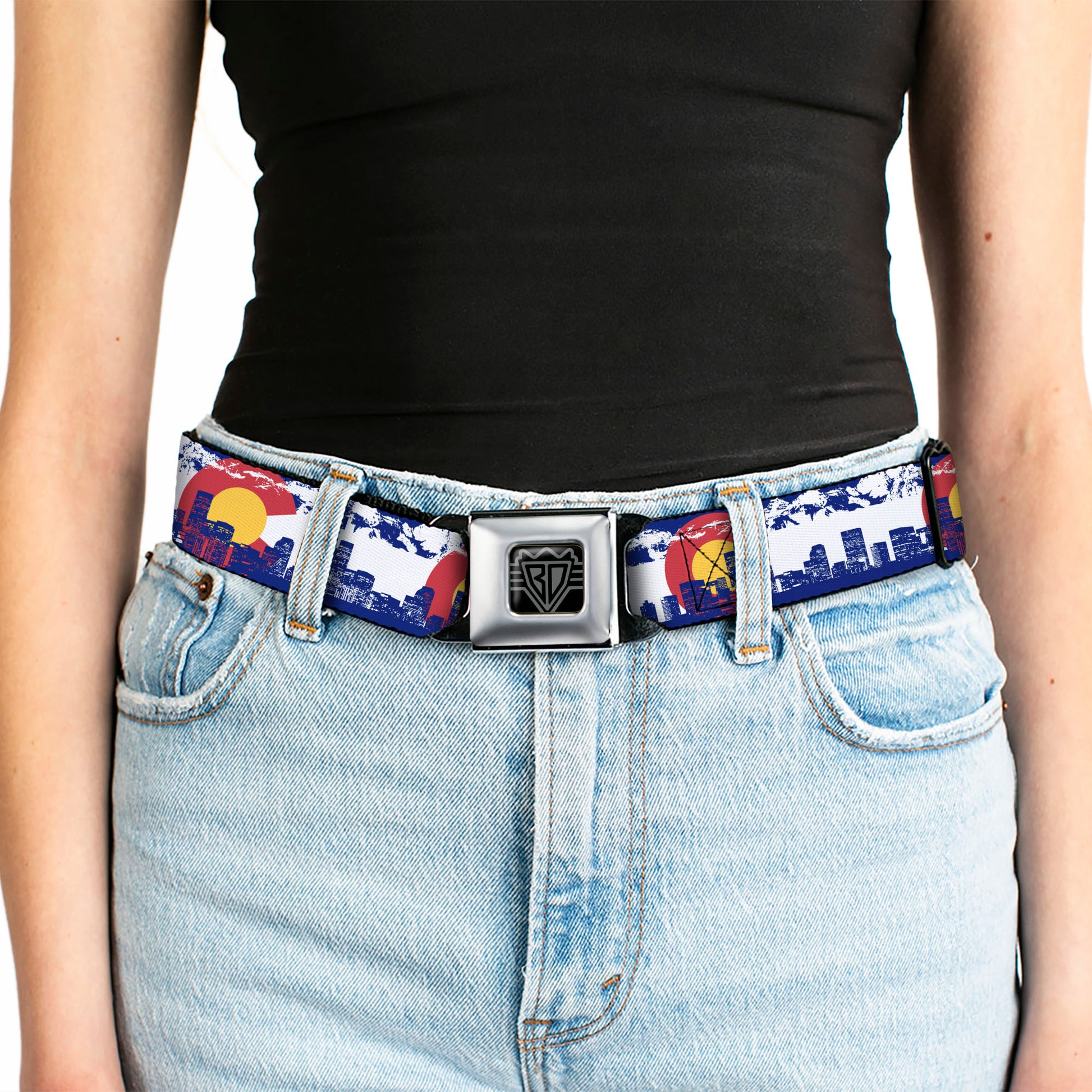 BD Wings Logo CLOSE-UP Full Color Black Silver Seatbelt Belt - Colorado Skyline/Mountains Webbing Seatbelt Belts Buckle-Down
