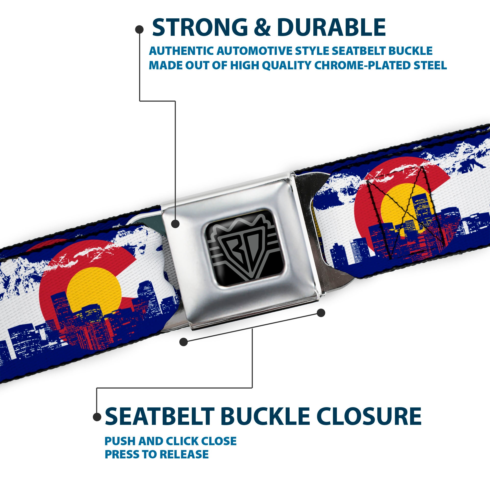 BD Wings Logo CLOSE-UP Full Color Black Silver Seatbelt Belt - Colorado Skyline/Mountains Webbing Seatbelt Belts Buckle-Down