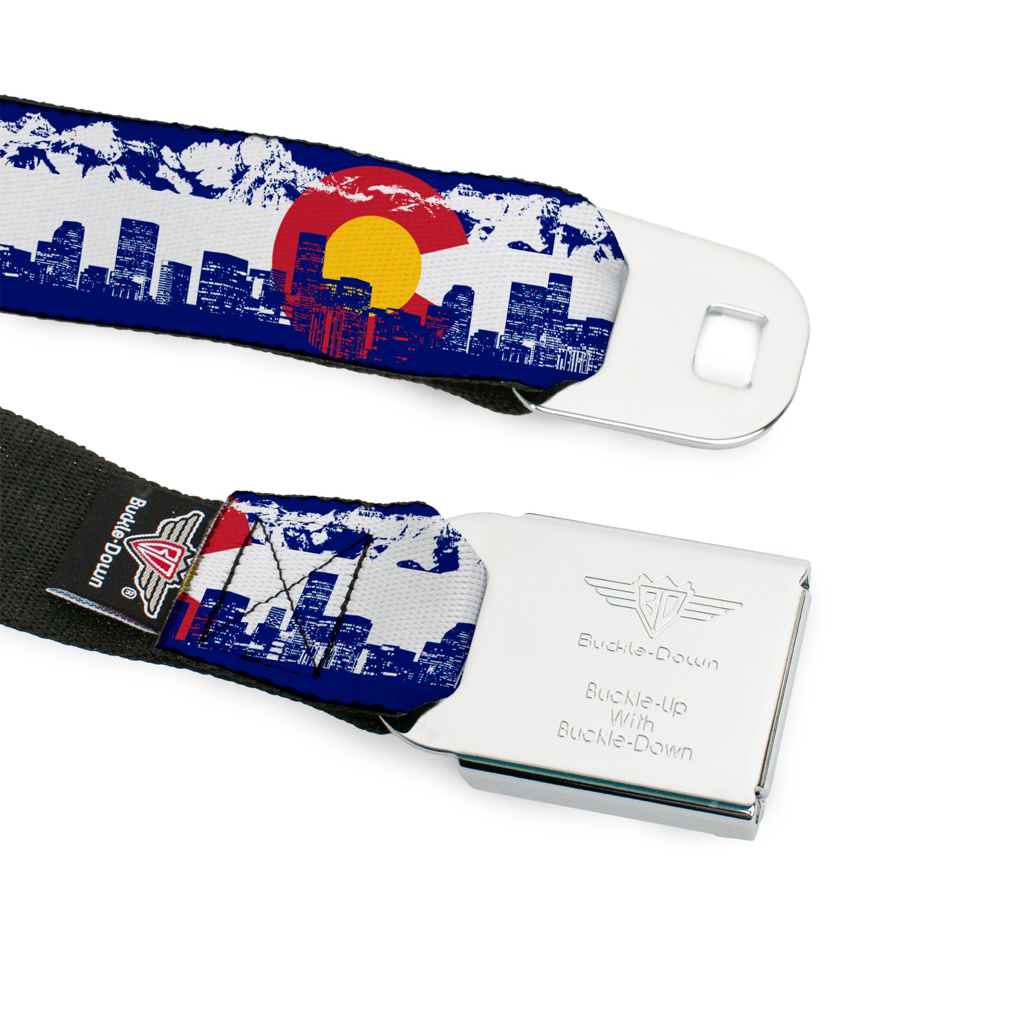 BD Wings Logo CLOSE-UP Full Color Black Silver Seatbelt Belt - Colorado Skyline/Mountains Webbing Seatbelt Belts Buckle-Down