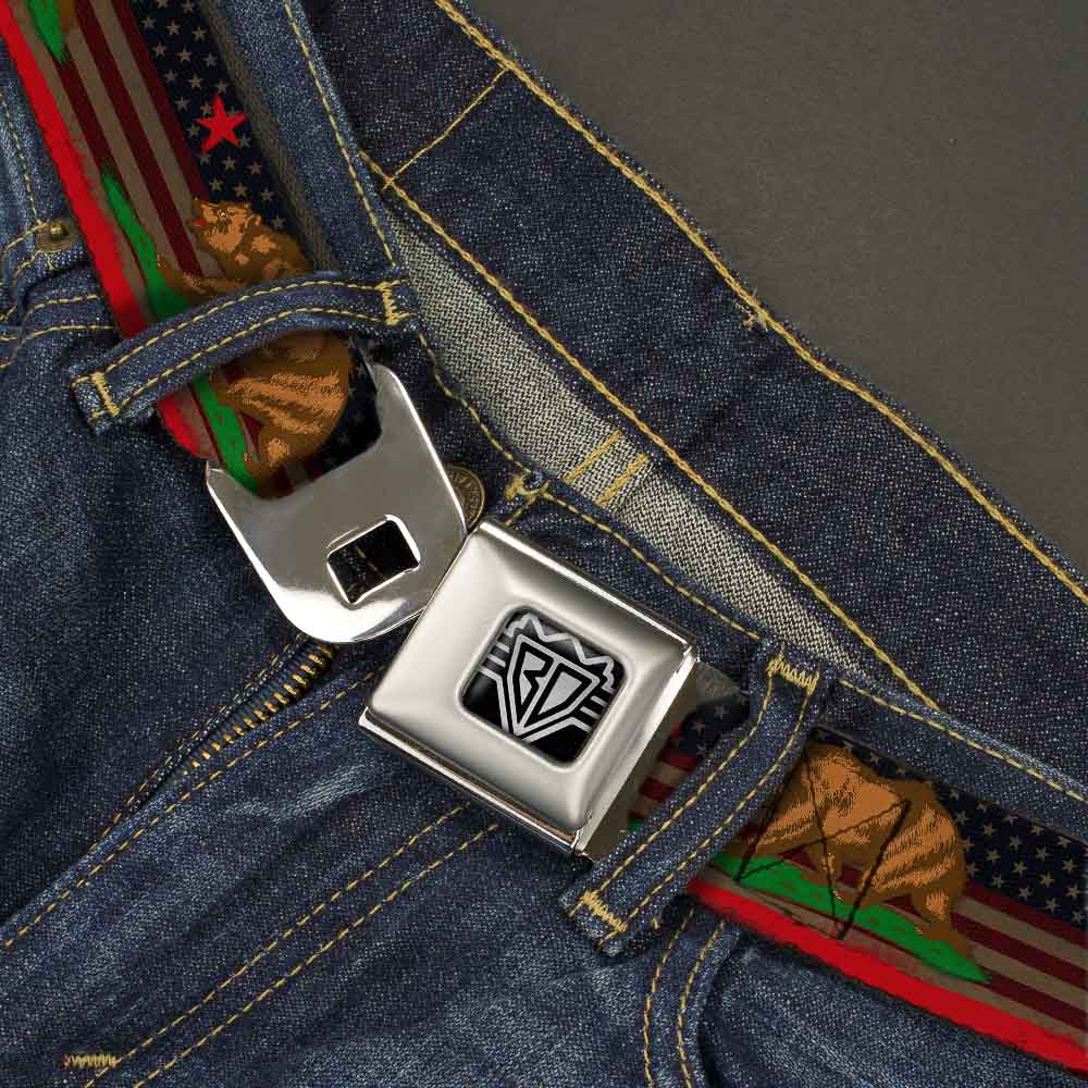 BD Wings Logo CLOSE-UP Full Color Black Silver Seatbelt Belt - Cali Bear/Star/Stripe/US Flag Stretch Webbing Seatbelt Belts Buckle-Down