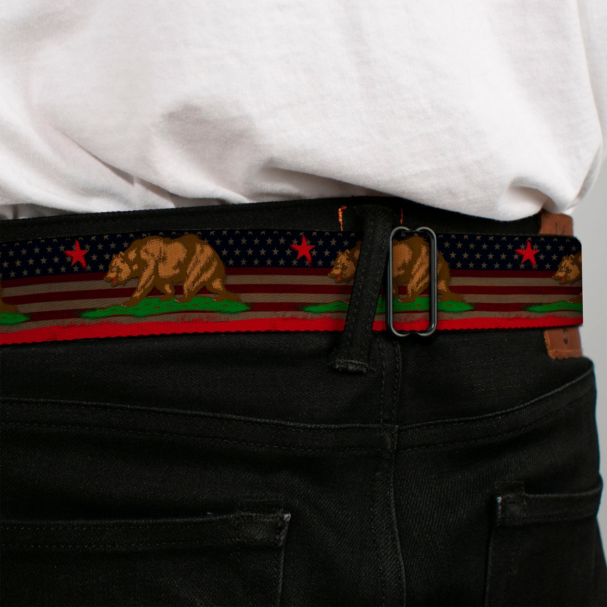 BD Wings Logo CLOSE-UP Full Color Black Silver Seatbelt Belt - Cali Bear/Star/Stripe/US Flag Stretch Webbing Seatbelt Belts Buckle-Down