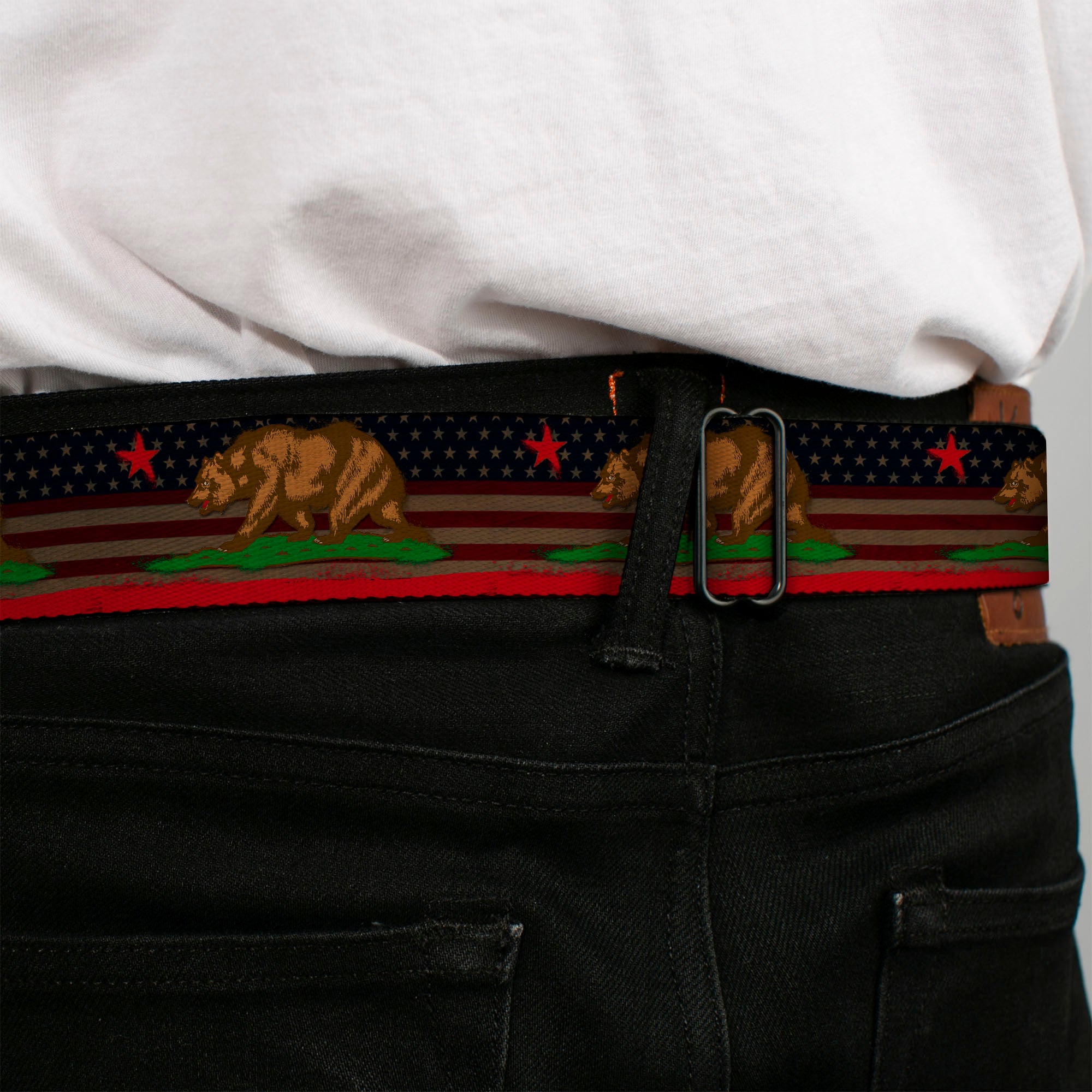 BD Wings Logo CLOSE-UP Full Color Black Silver Seatbelt Belt - Cali Bear/Star/Stripe/US Flag Stretch Webbing Seatbelt Belts Buckle-Down