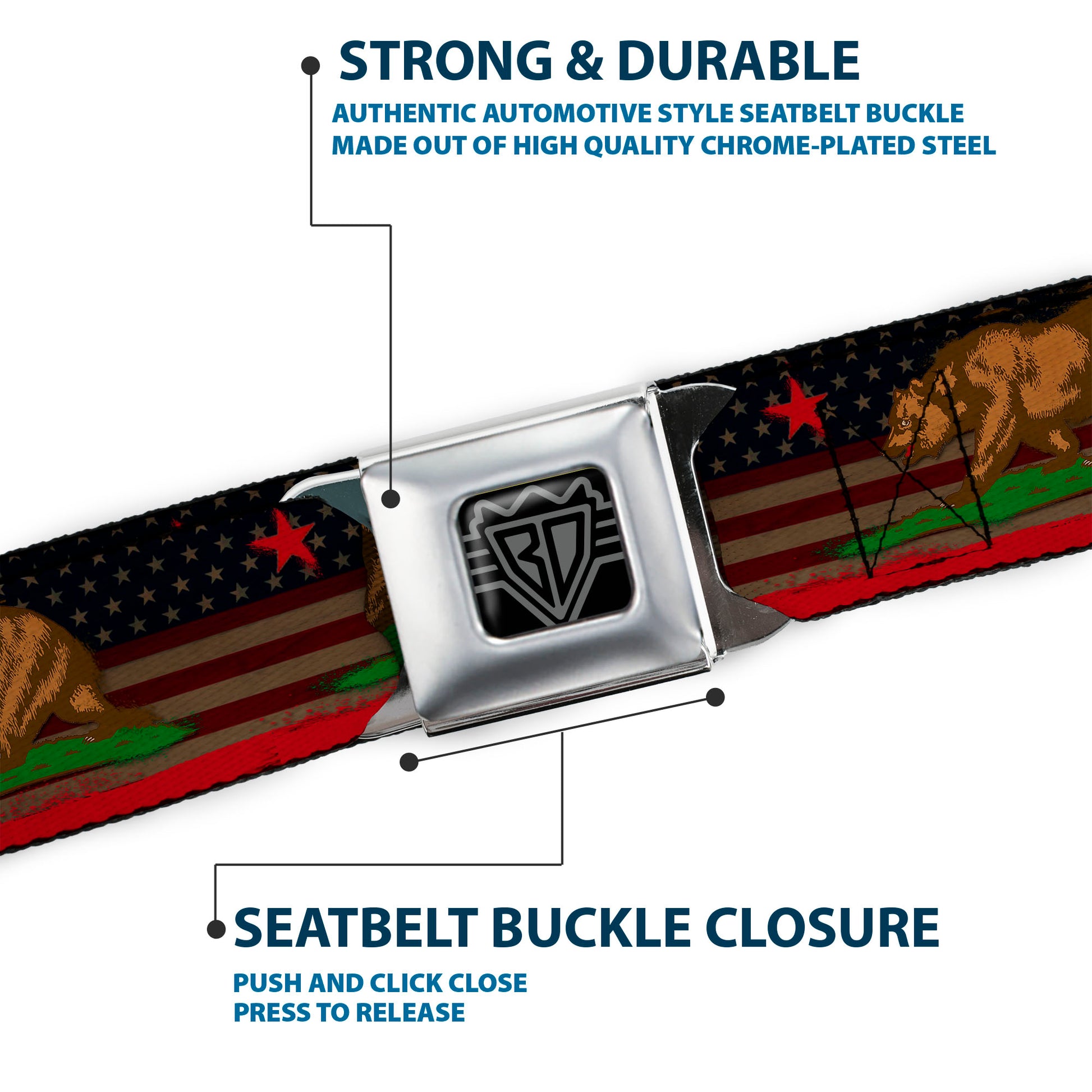 BD Wings Logo CLOSE-UP Full Color Black Silver Seatbelt Belt - Cali Bear/Star/Stripe/US Flag Stretch Webbing Seatbelt Belts Buckle-Down