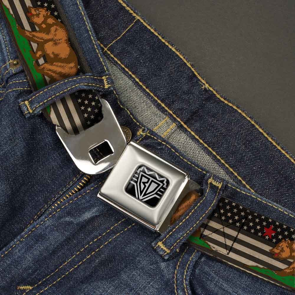 BD Wings Logo CLOSE-UP Full Color Black Silver Seatbelt Belt - Cali Bear/Star/US Flag Stretch Black/White/Red Webbing Seatbelt Belts Buckle-Down