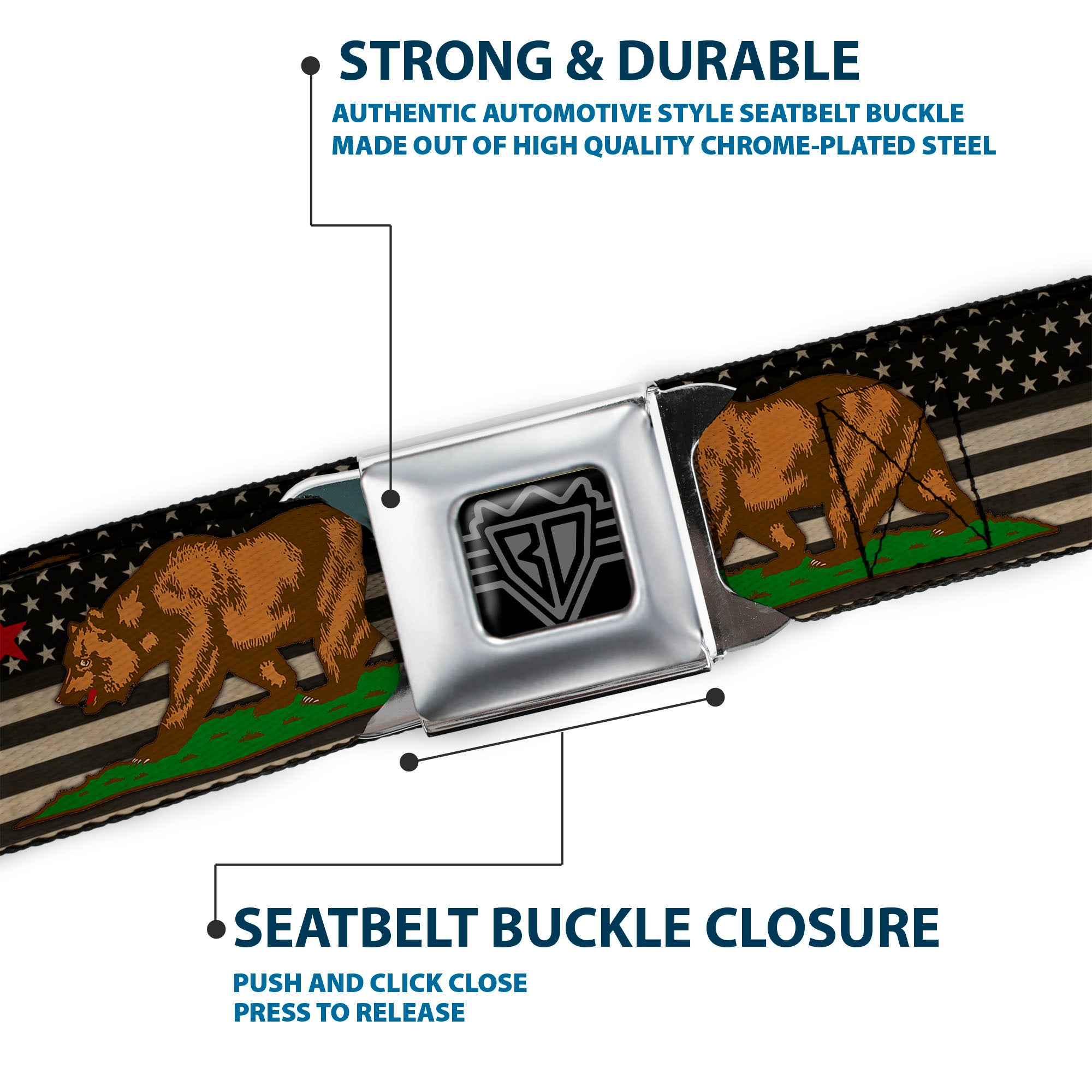 BD Wings Logo CLOSE-UP Full Color Black Silver Seatbelt Belt - Cali Bear/Star/US Flag Stretch Black/White/Red Webbing Seatbelt Belts Buckle-Down