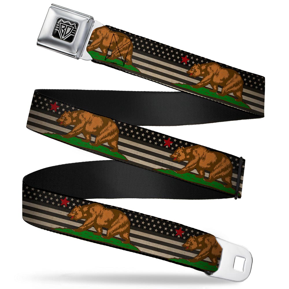 BD Wings Logo CLOSE-UP Full Color Black Silver Seatbelt Belt - Cali Bear/Star/US Flag Stretch Black/White/Red Webbing Seatbelt Belts Buckle-Down