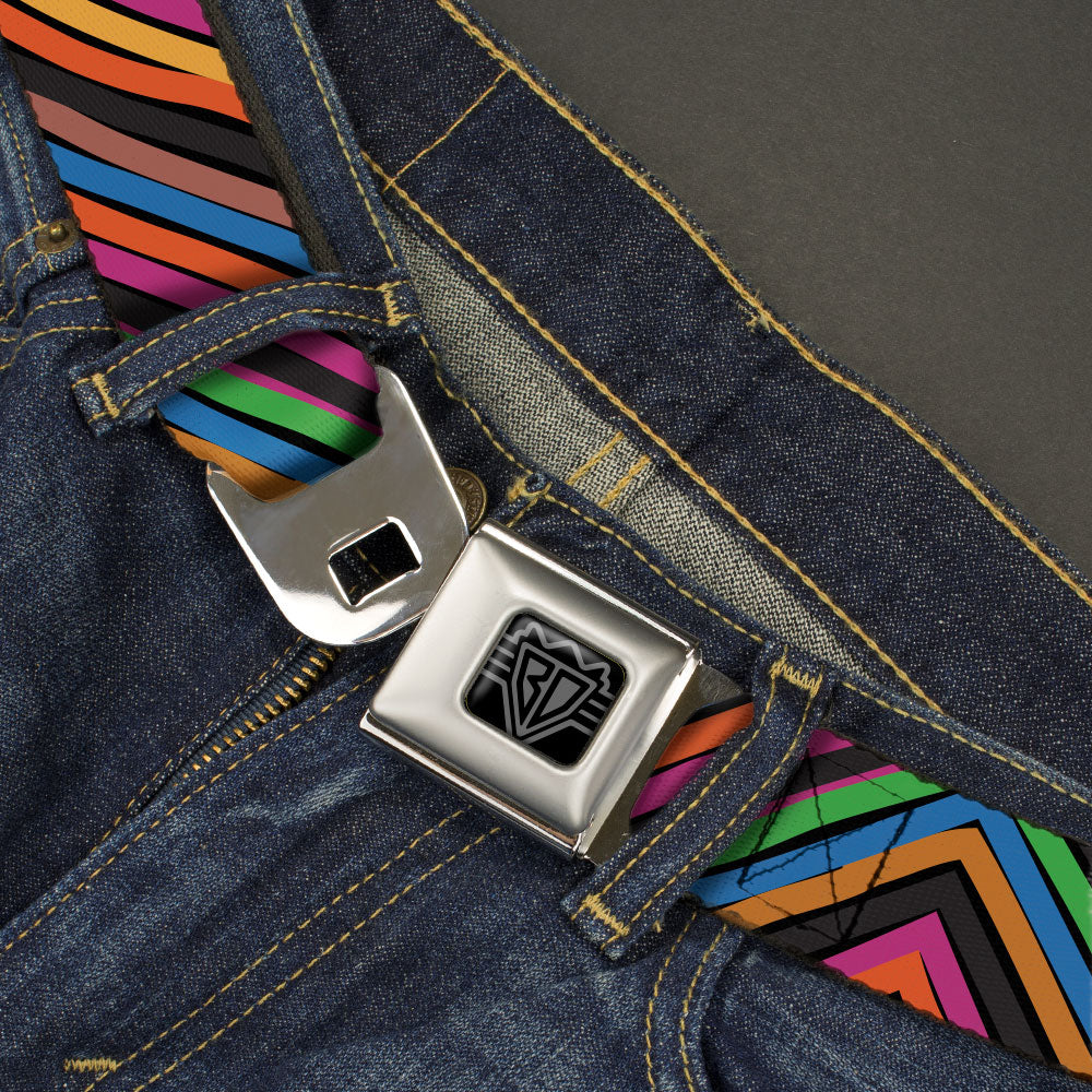 BD Wings Logo CLOSE-UP Black/Silver Seatbelt Belt - Chevron Freehand CLOSE-UP Multi Color Webbing Seatbelt Belts Buckle-Down
