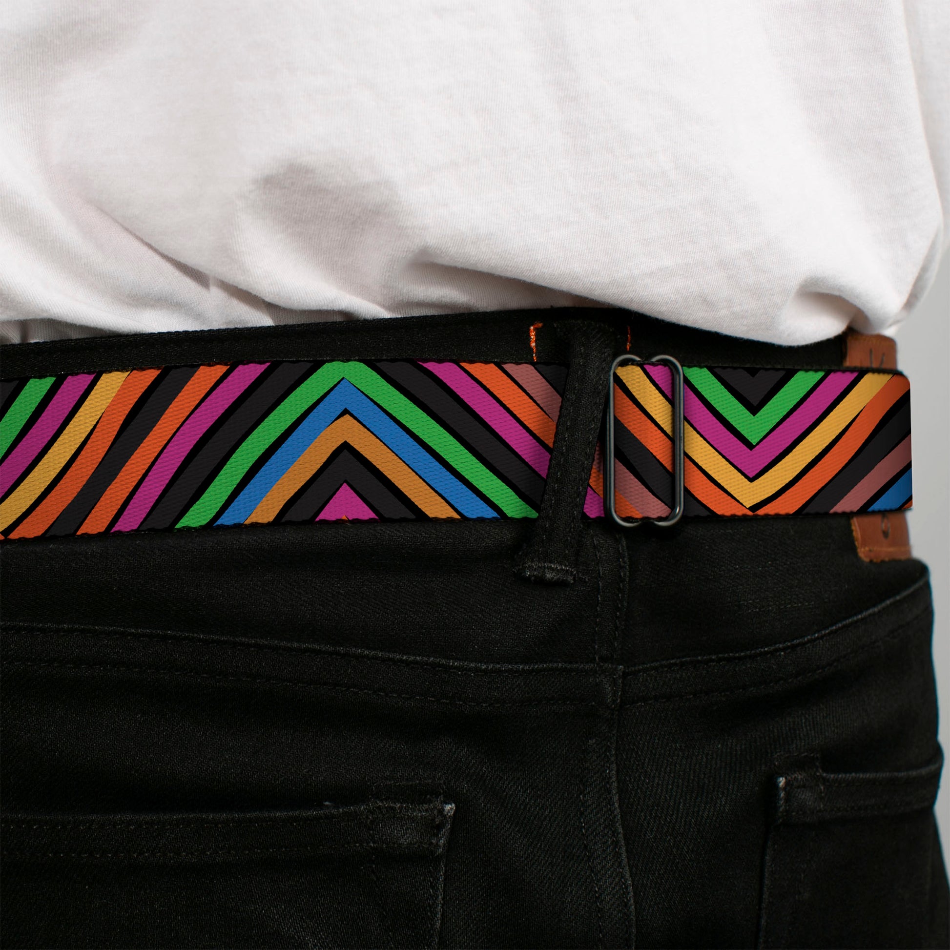 BD Wings Logo CLOSE-UP Black/Silver Seatbelt Belt - Chevron Freehand CLOSE-UP Multi Color Webbing Seatbelt Belts Buckle-Down