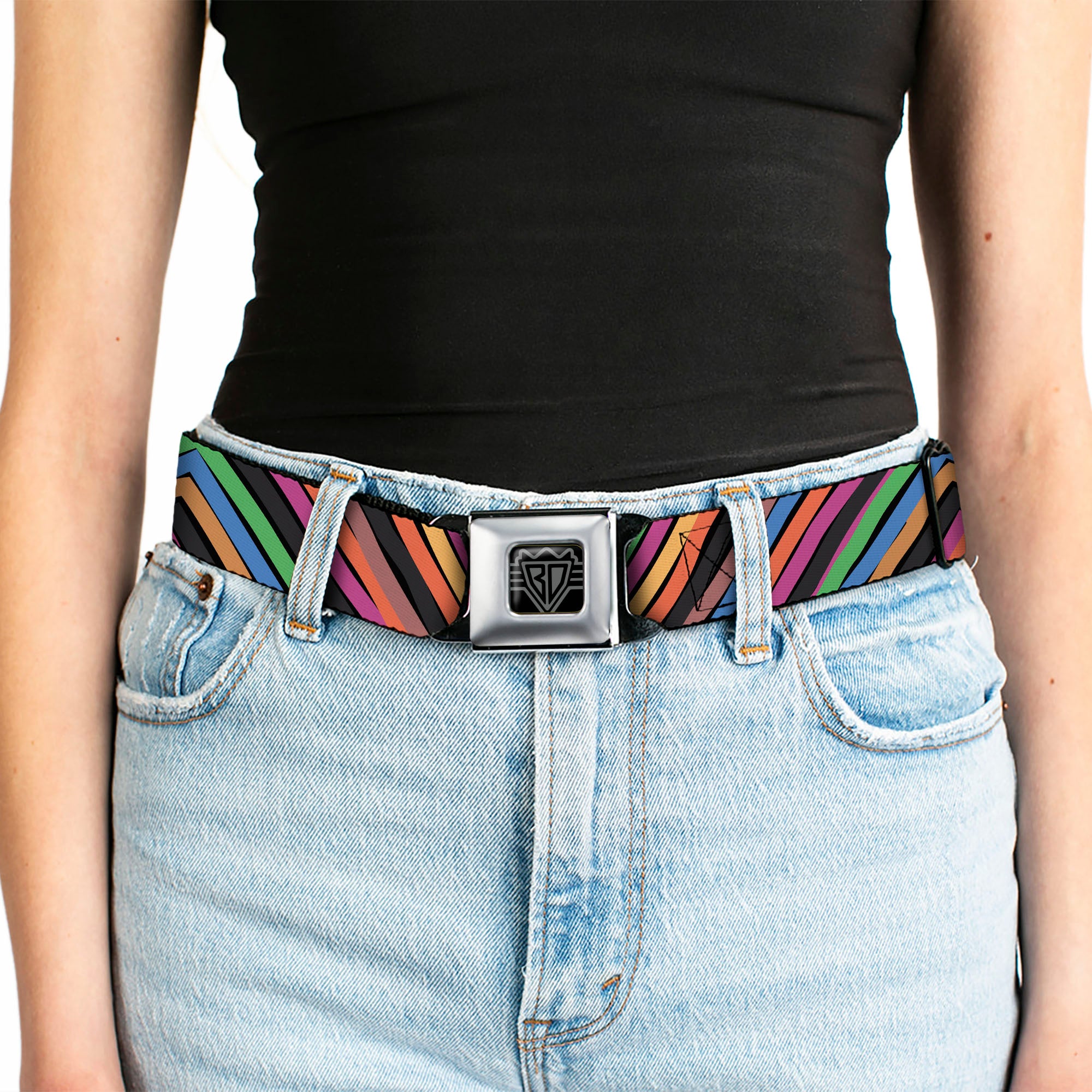 BD Wings Logo CLOSE-UP Black/Silver Seatbelt Belt - Chevron Freehand CLOSE-UP Multi Color Webbing Seatbelt Belts Buckle-Down