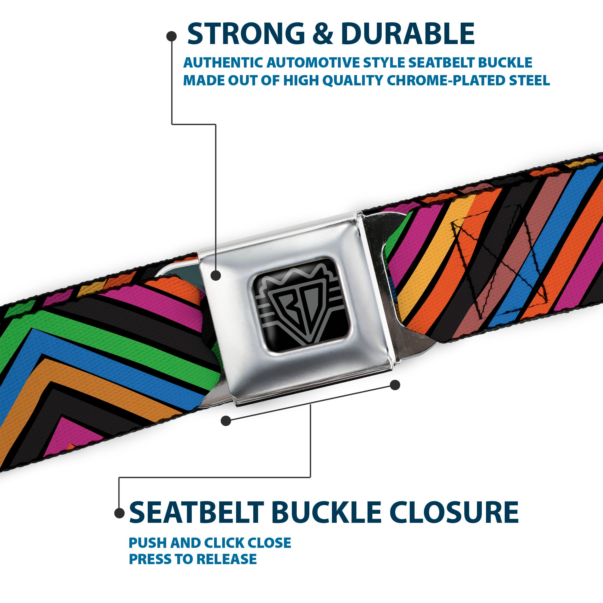BD Wings Logo CLOSE-UP Black/Silver Seatbelt Belt - Chevron Freehand CLOSE-UP Multi Color Webbing Seatbelt Belts Buckle-Down