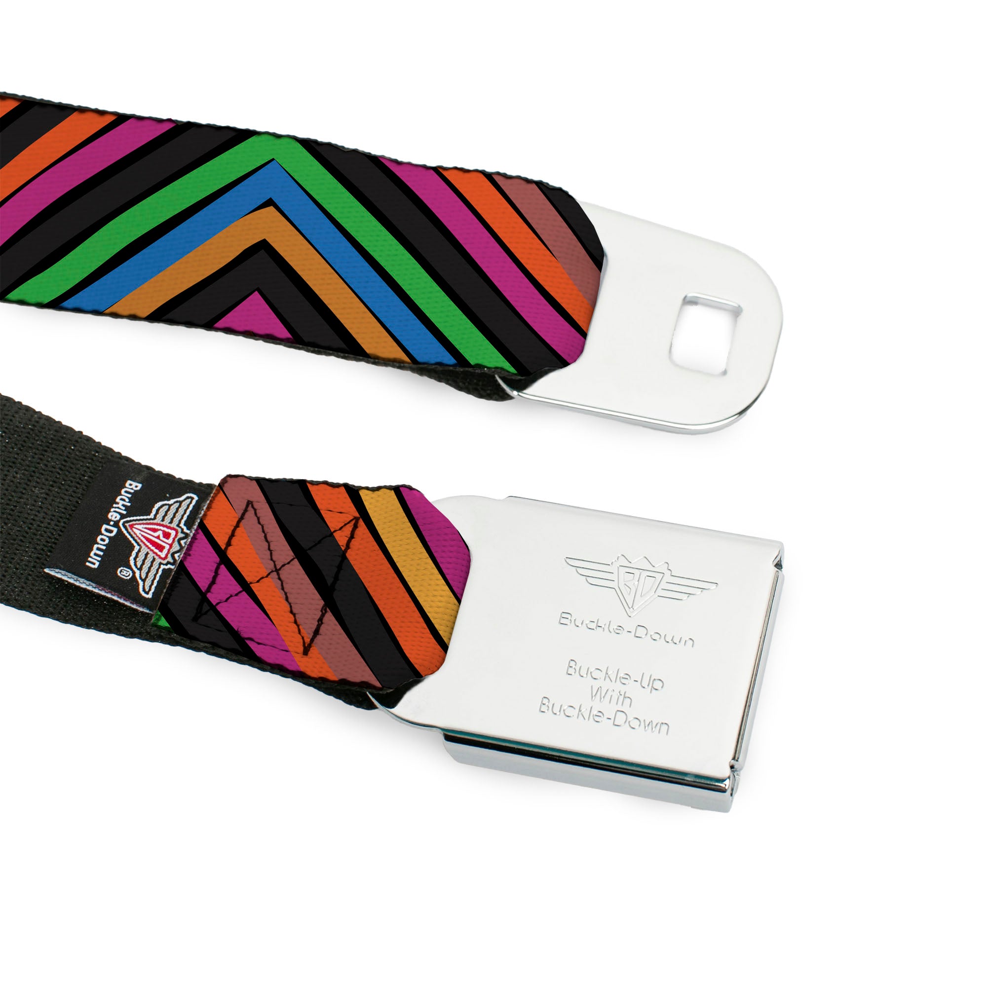 BD Wings Logo CLOSE-UP Black/Silver Seatbelt Belt - Chevron Freehand CLOSE-UP Multi Color Webbing Seatbelt Belts Buckle-Down