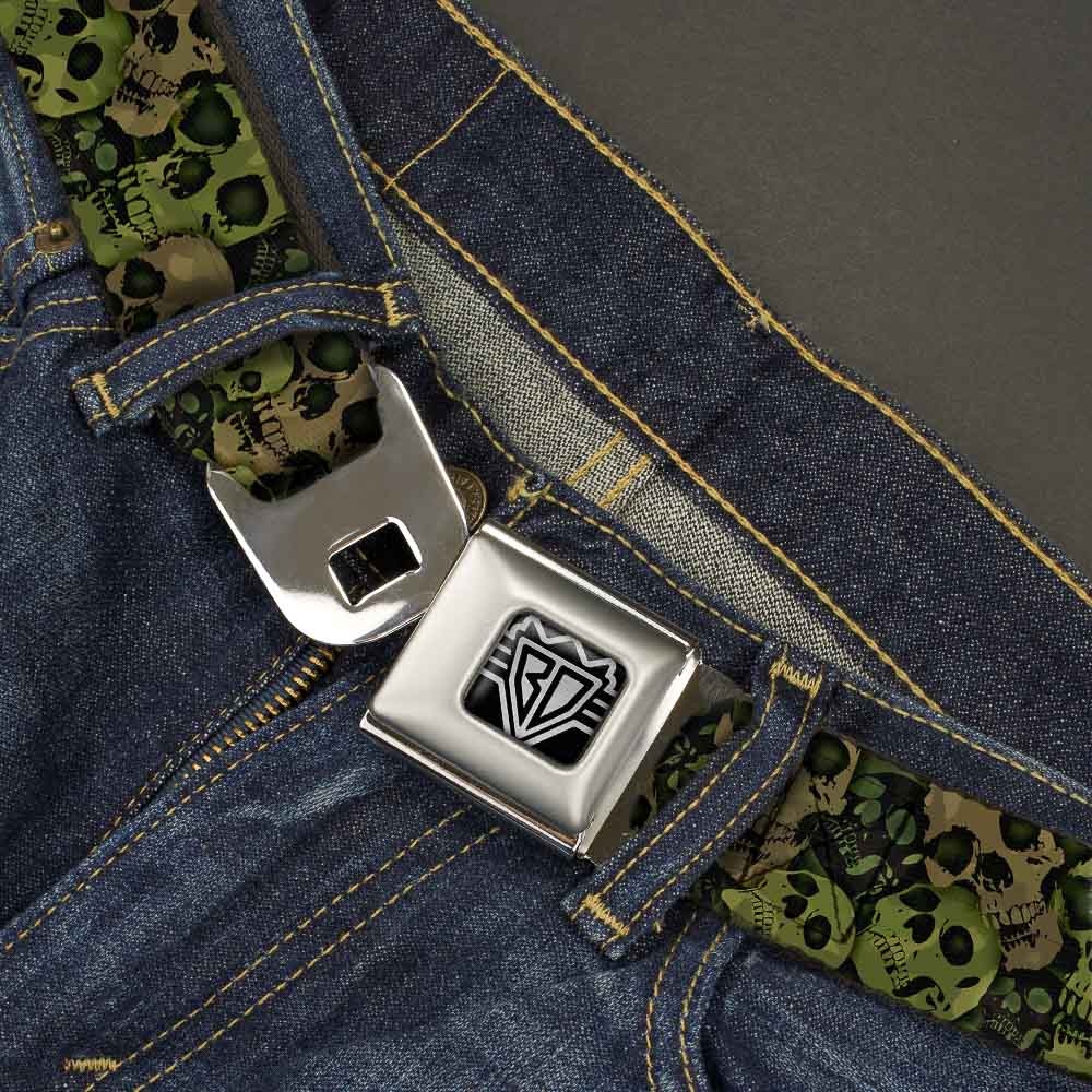 BD Wings Logo CLOSE-UP Full Color Black Silver Seatbelt Belt - Camo Olive/Black Skull Yard2 Webbing Seatbelt Belts Buckle-Down