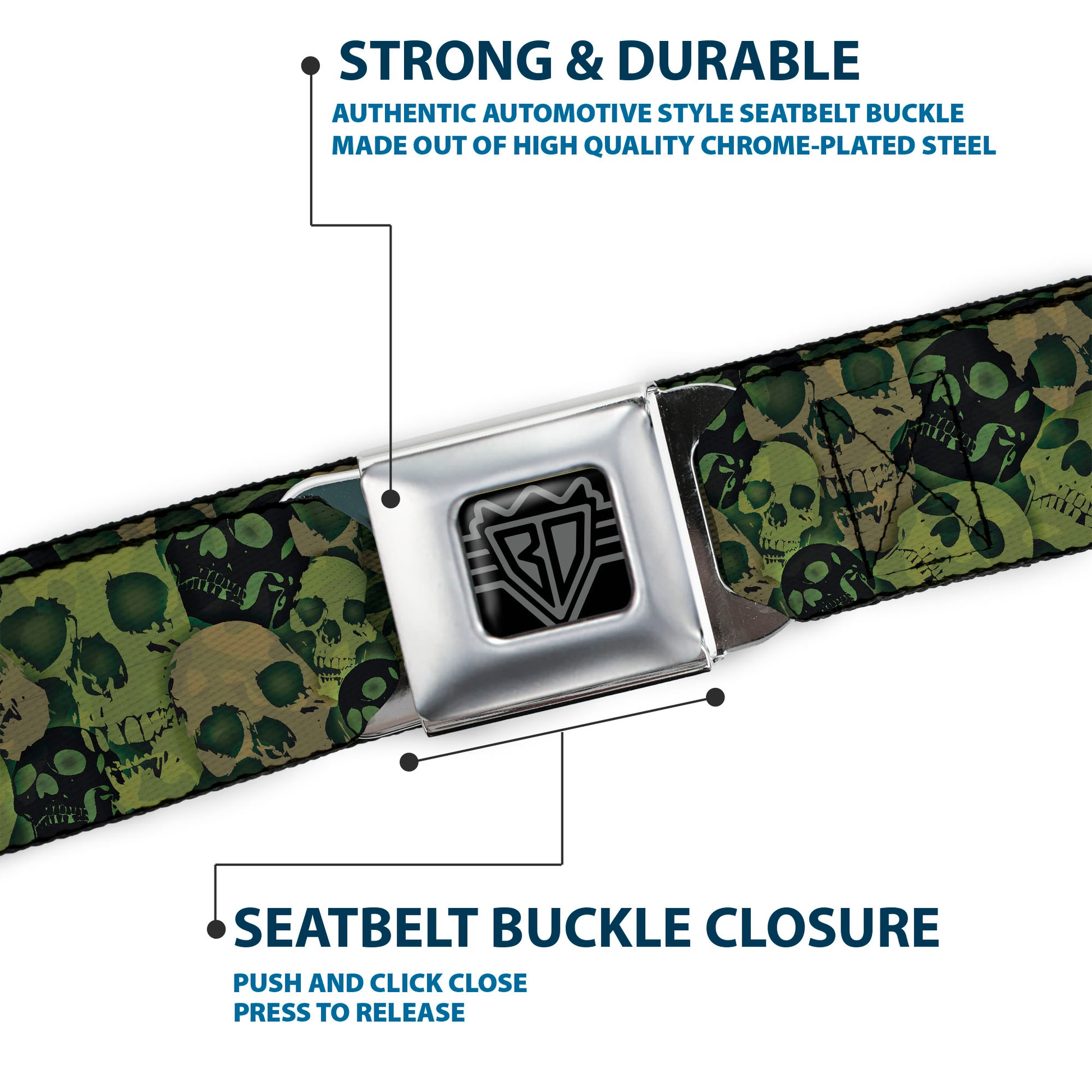 BD Wings Logo CLOSE-UP Full Color Black Silver Seatbelt Belt - Camo Olive/Black Skull Yard2 Webbing Seatbelt Belts Buckle-Down