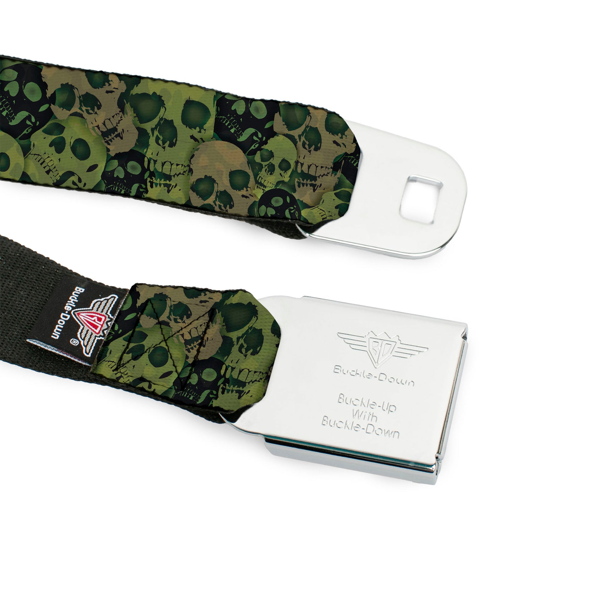 BD Wings Logo CLOSE-UP Full Color Black Silver Seatbelt Belt - Camo Olive/Black Skull Yard2 Webbing Seatbelt Belts Buckle-Down
