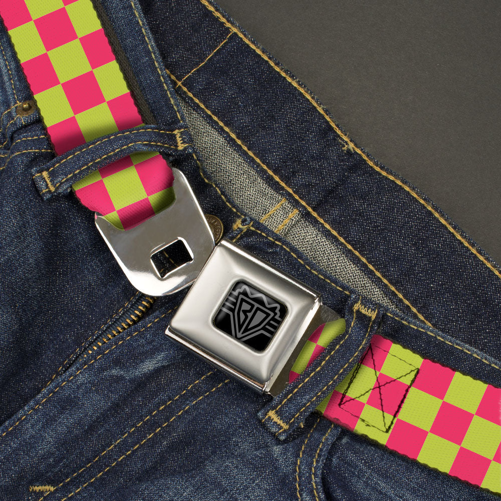 BD Wings Logo CLOSE-UP Black/Silver Seatbelt Belt - Checker Fluorescent Pink/Yellow Webbing Seatbelt Belts Buckle-Down