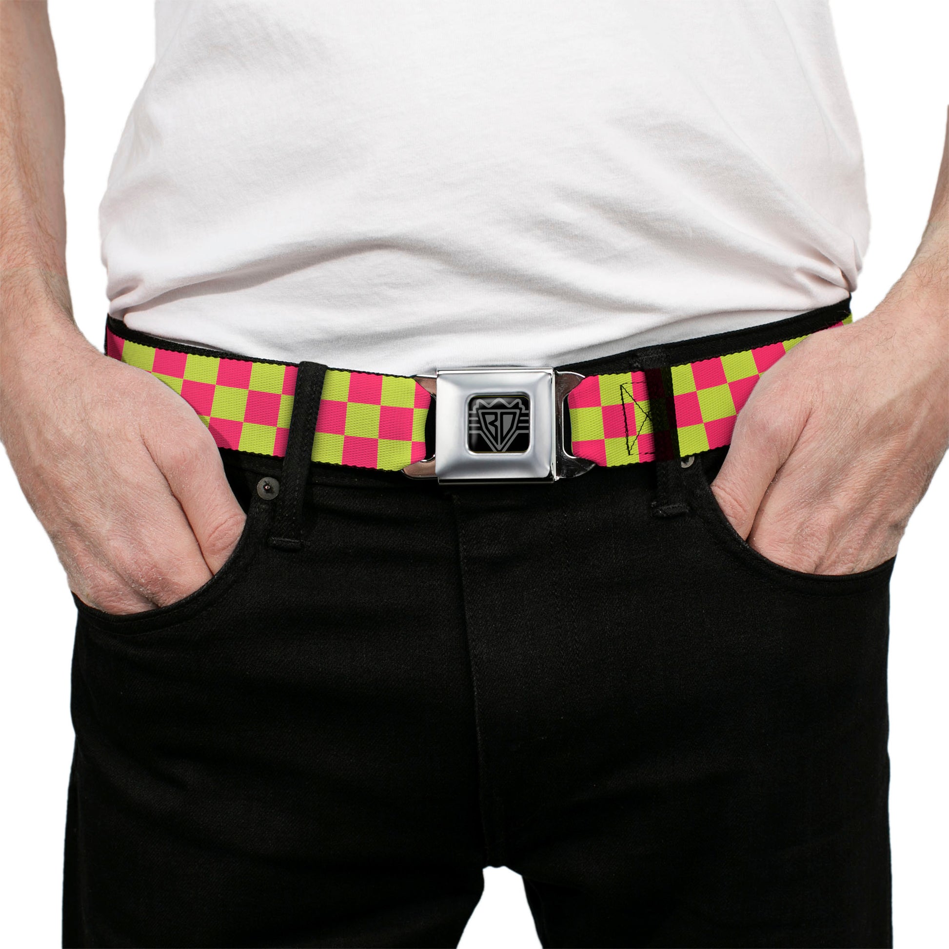 BD Wings Logo CLOSE-UP Black/Silver Seatbelt Belt - Checker Fluorescent Pink/Yellow Webbing Seatbelt Belts Buckle-Down