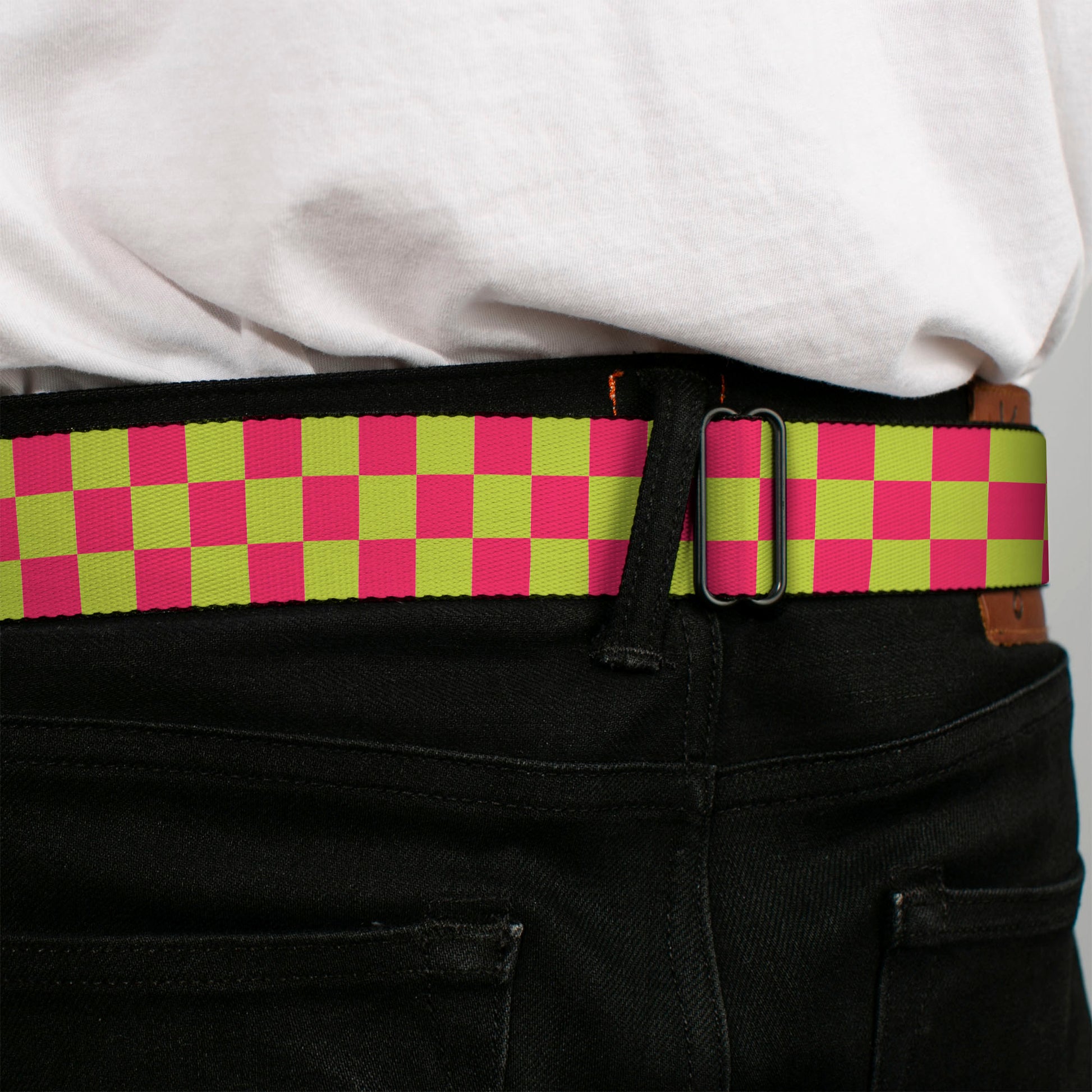 BD Wings Logo CLOSE-UP Black/Silver Seatbelt Belt - Checker Fluorescent Pink/Yellow Webbing Seatbelt Belts Buckle-Down