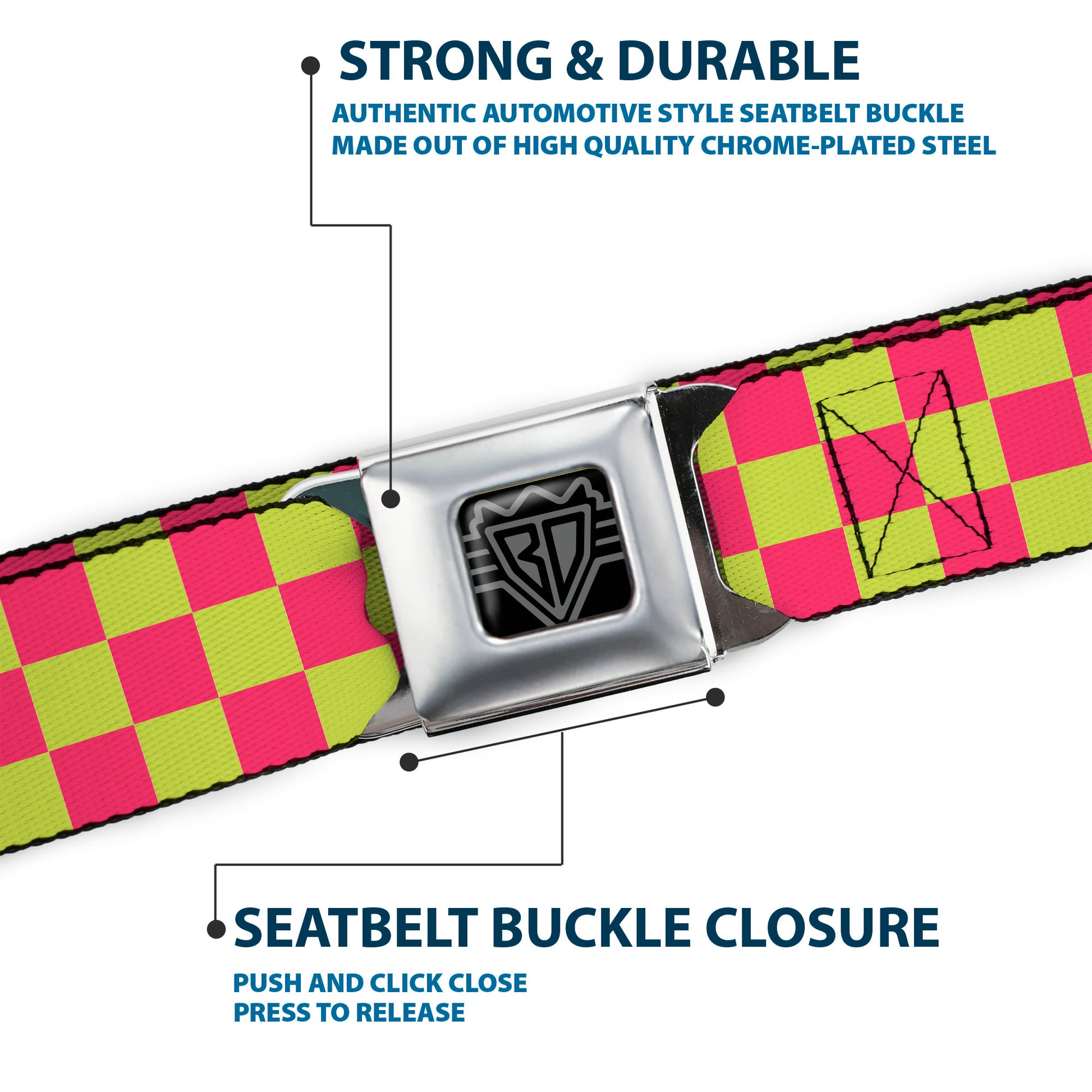 BD Wings Logo CLOSE-UP Black/Silver Seatbelt Belt - Checker Fluorescent Pink/Yellow Webbing Seatbelt Belts Buckle-Down