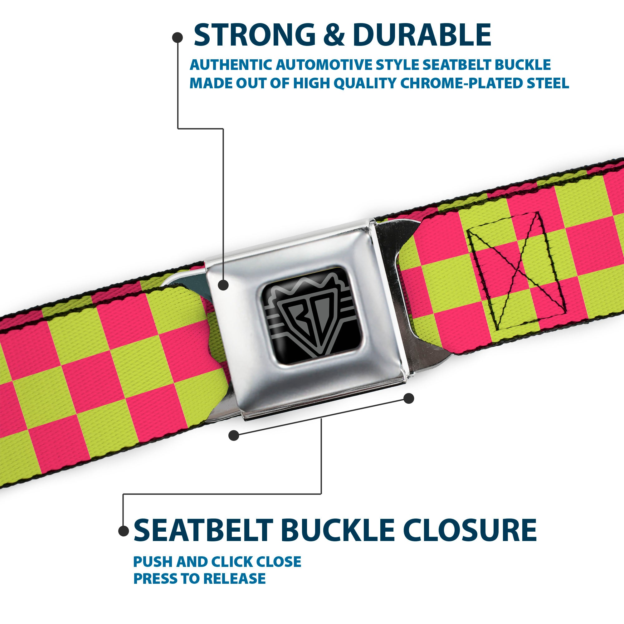 BD Wings Logo CLOSE-UP Black/Silver Seatbelt Belt - Checker Fluorescent Pink/Yellow Webbing Seatbelt Belts Buckle-Down