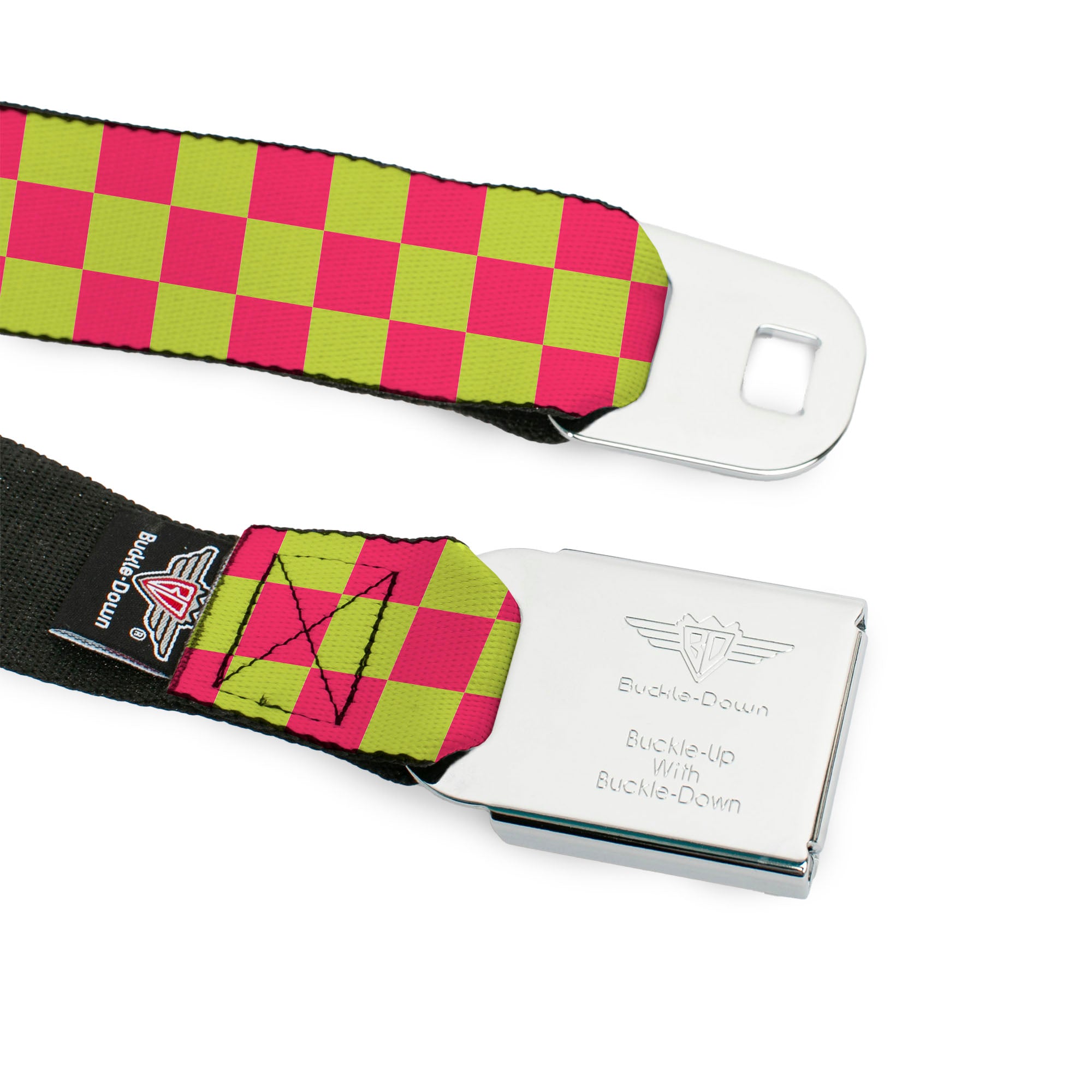 BD Wings Logo CLOSE-UP Black/Silver Seatbelt Belt - Checker Fluorescent Pink/Yellow Webbing Seatbelt Belts Buckle-Down
