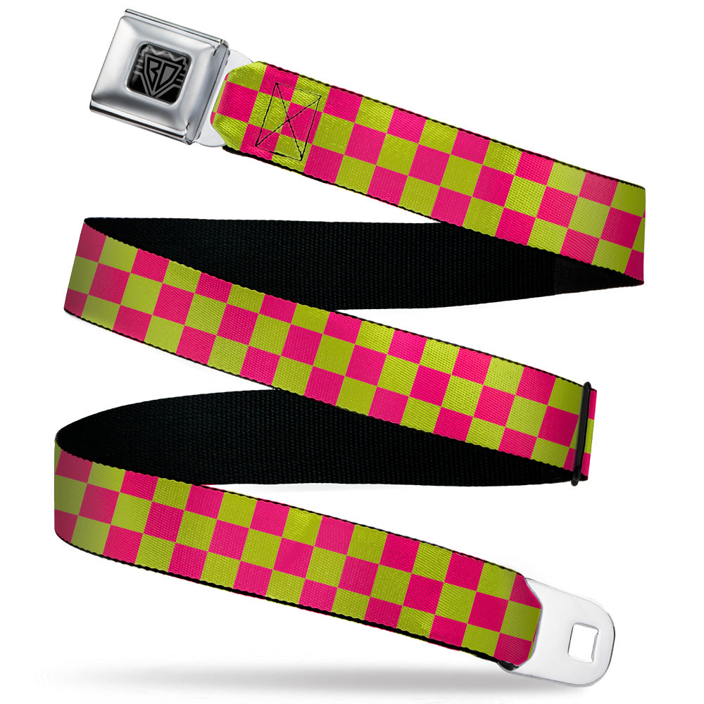BD Wings Logo CLOSE-UP Black/Silver Seatbelt Belt - Checker Fluorescent Pink/Yellow Webbing Seatbelt Belts Buckle-Down