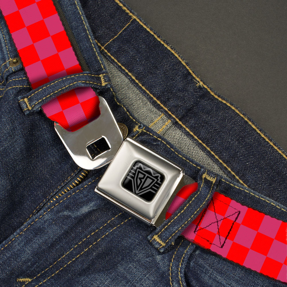 BD Wings Logo CLOSE-UP Black/Silver Seatbelt Belt - Checker Fluorescent Orange/Pink Webbing Seatbelt Belts Buckle-Down