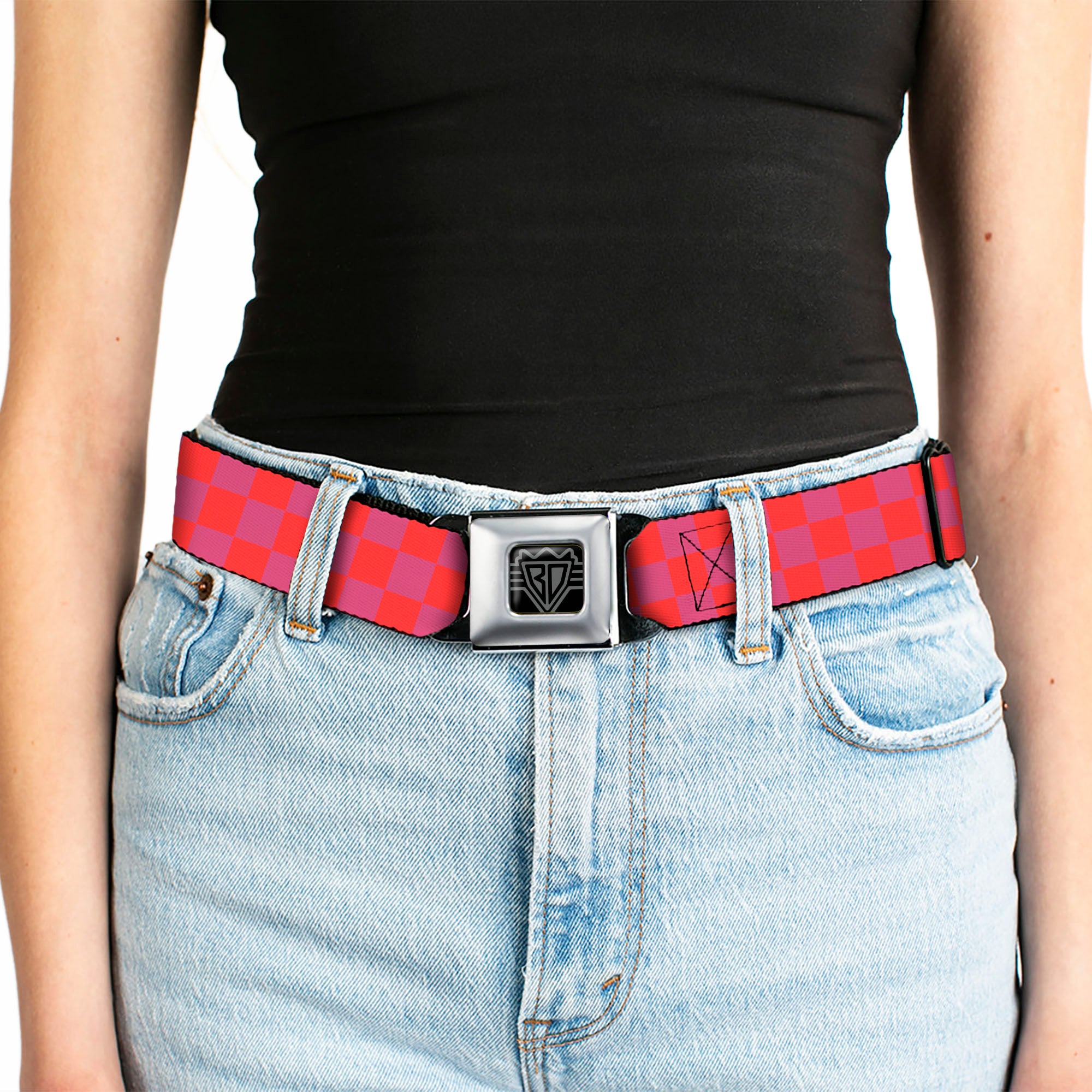 BD Wings Logo CLOSE-UP Black/Silver Seatbelt Belt - Checker Fluorescent Orange/Pink Webbing Seatbelt Belts Buckle-Down