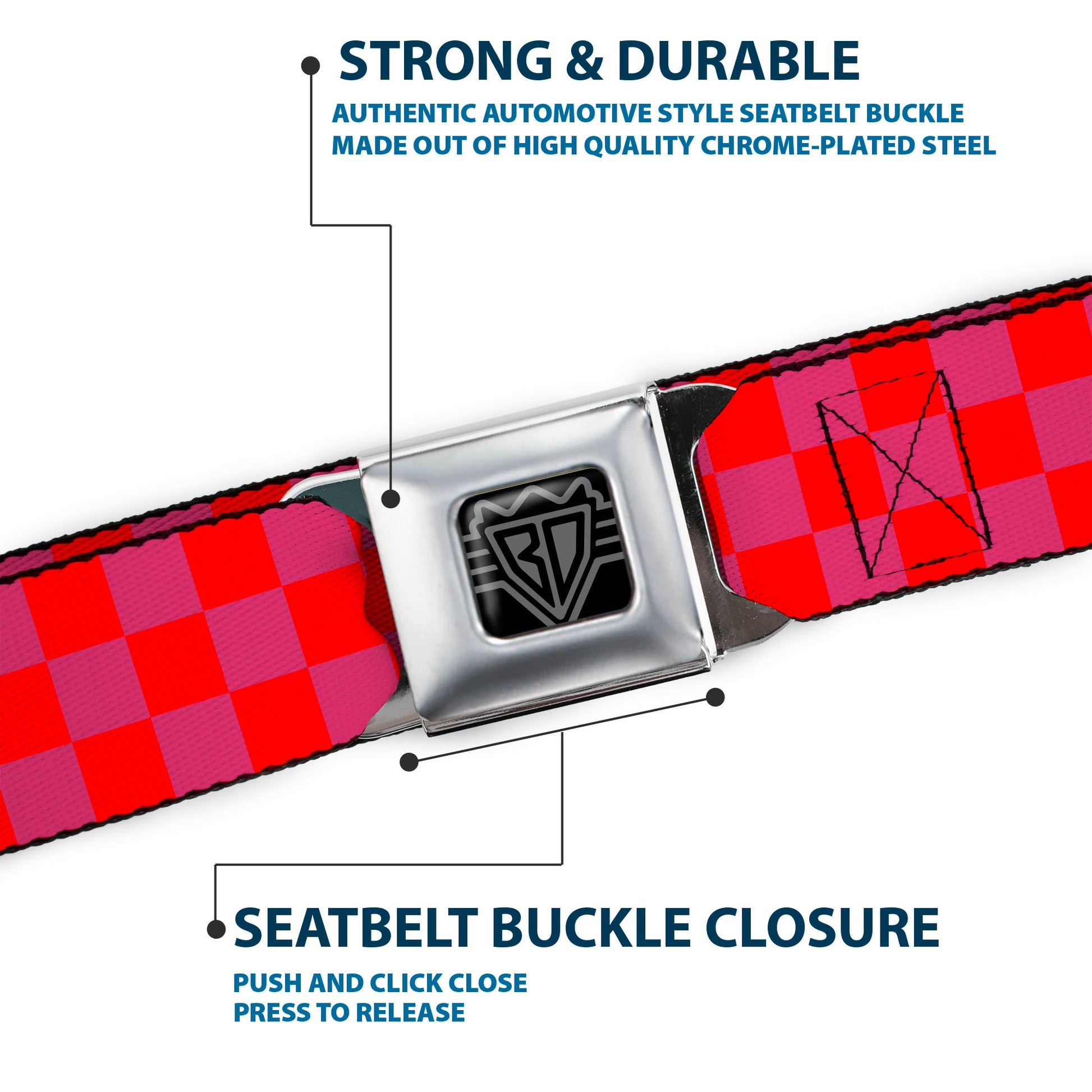 BD Wings Logo CLOSE-UP Black/Silver Seatbelt Belt - Checker Fluorescent Orange/Pink Webbing Seatbelt Belts Buckle-Down