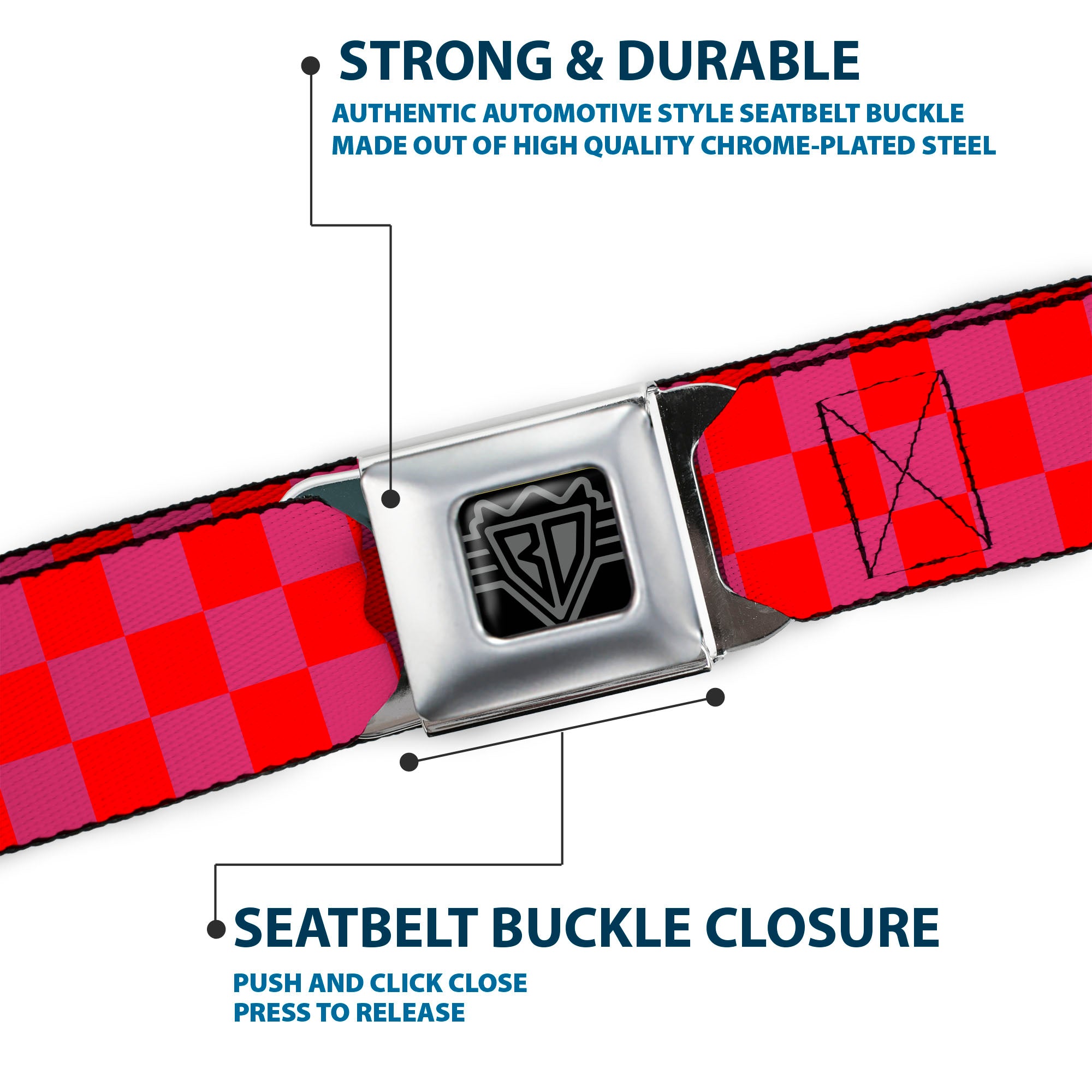 BD Wings Logo CLOSE-UP Black/Silver Seatbelt Belt - Checker Fluorescent Orange/Pink Webbing Seatbelt Belts Buckle-Down