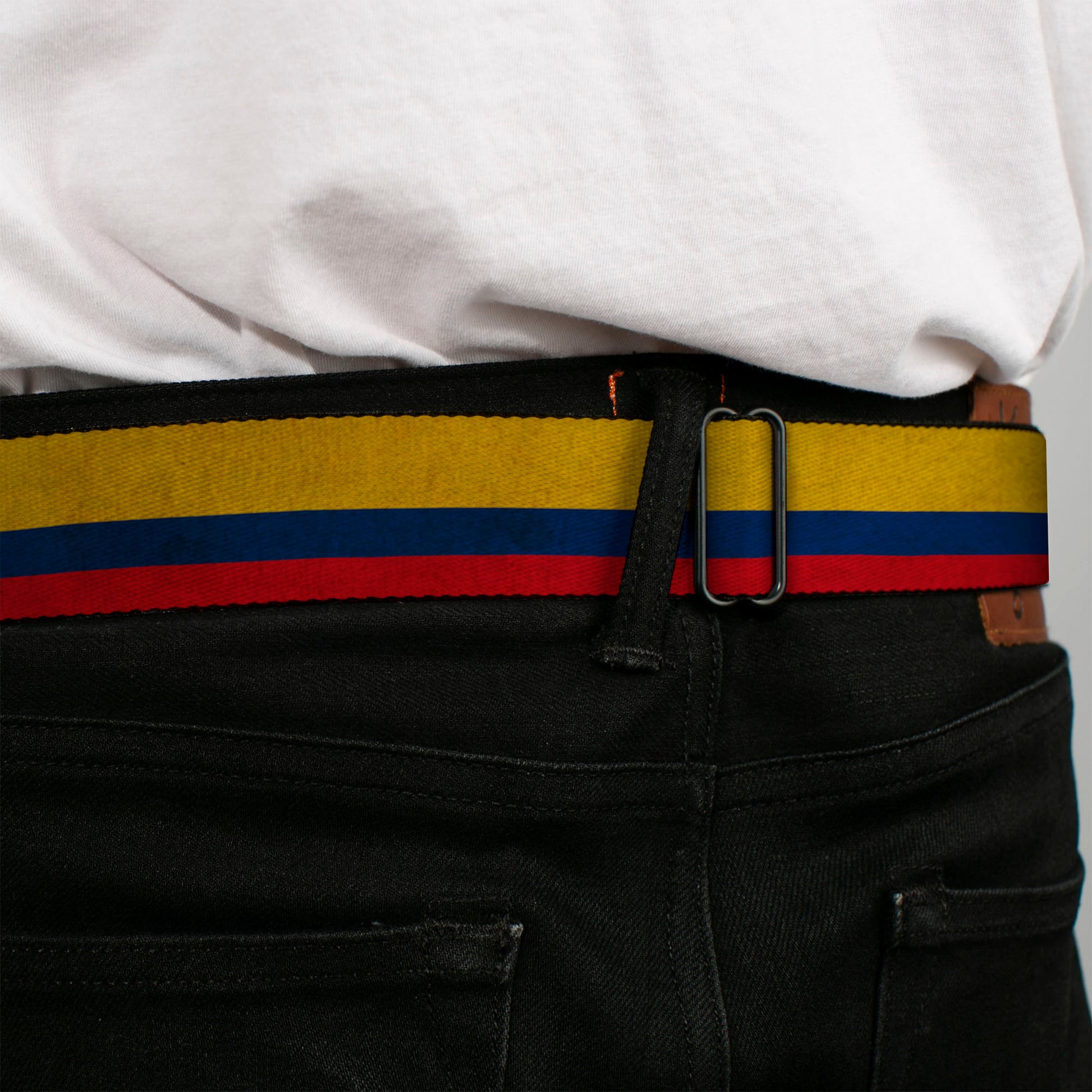 BD Wings Logo CLOSE-UP Full Color Black Silver Seatbelt Belt - Colombia Flag Distressed Webbing Seatbelt Belts Buckle-Down