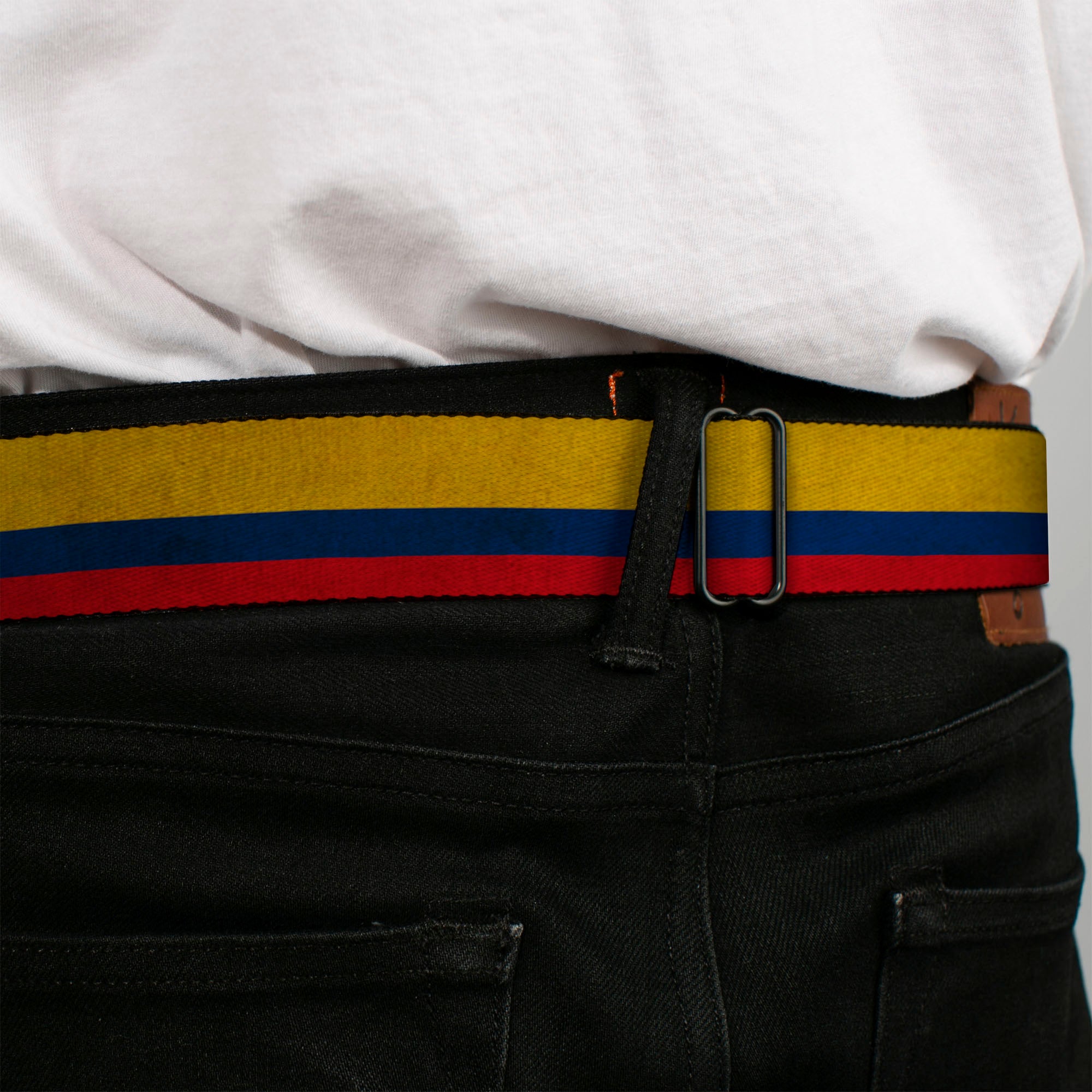 BD Wings Logo CLOSE-UP Full Color Black Silver Seatbelt Belt - Colombia Flag Distressed Webbing Seatbelt Belts Buckle-Down