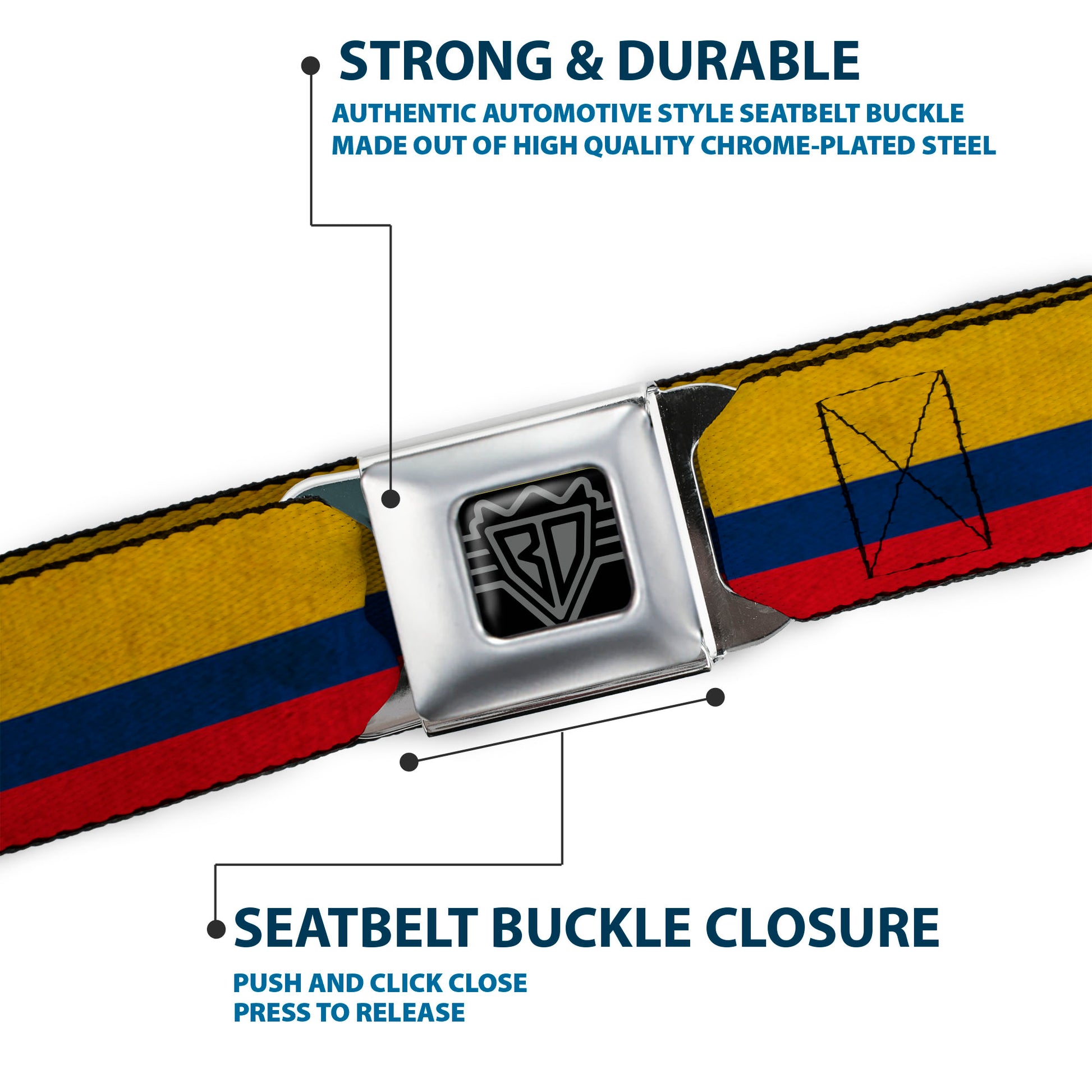 BD Wings Logo CLOSE-UP Full Color Black Silver Seatbelt Belt - Colombia Flag Distressed Webbing Seatbelt Belts Buckle-Down