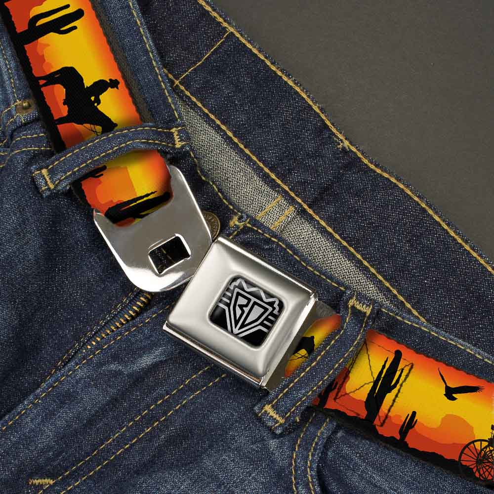 BD Wings Logo CLOSE-UP Full Color Black Silver Seatbelt Belt - Cowboy Silhouette/Western Landscape Reds/Black Webbing Seatbelt Belts Buckle-Down
