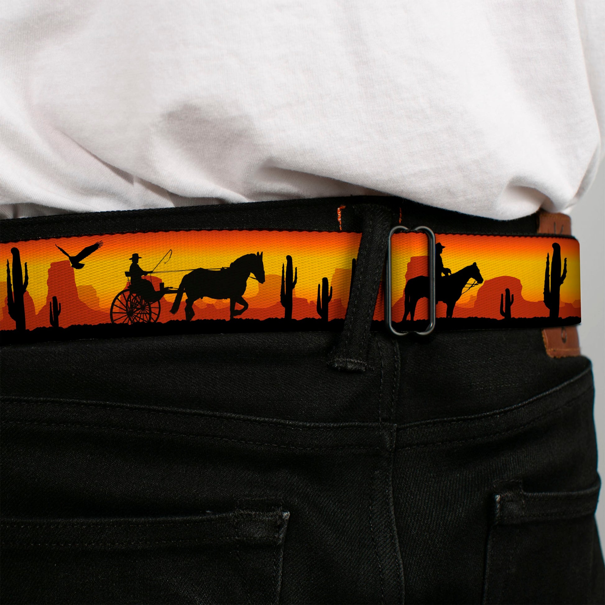 BD Wings Logo CLOSE-UP Full Color Black Silver Seatbelt Belt - Cowboy Silhouette/Western Landscape Reds/Black Webbing Seatbelt Belts Buckle-Down